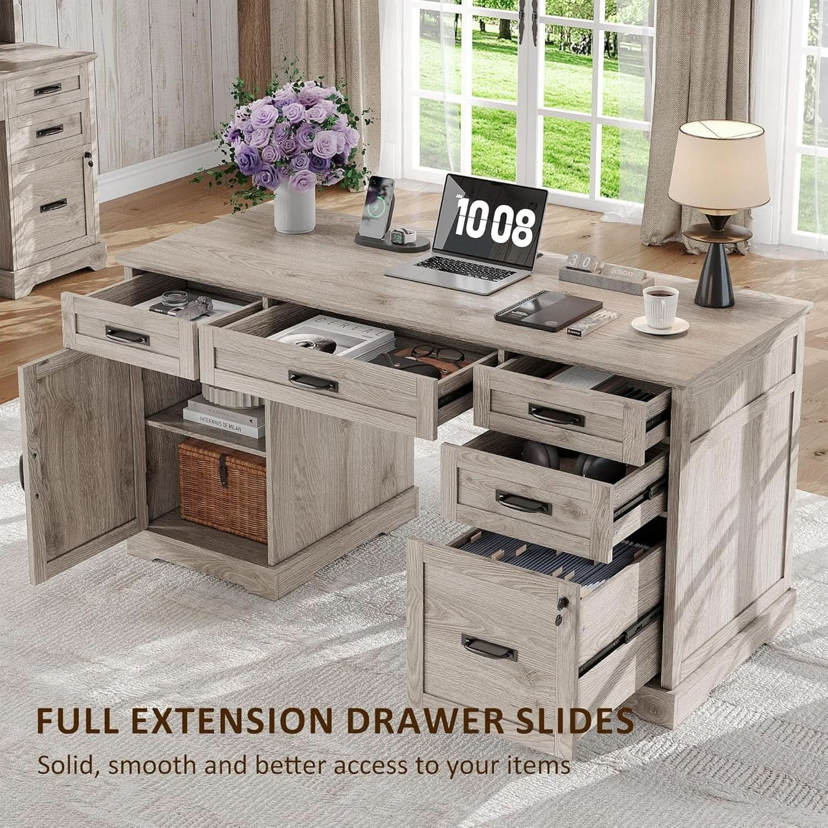 55 Inch Farmhouse Desk White Wash Gray Home Office