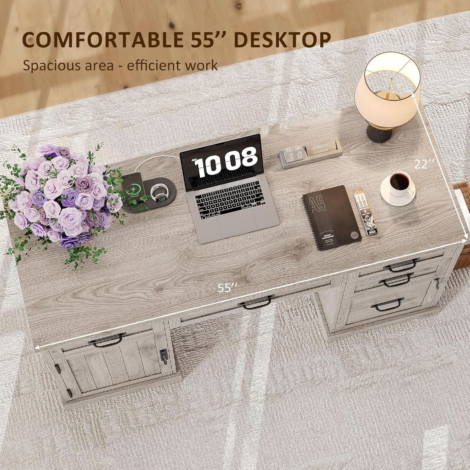 55 Inch Farmhouse Desk White Wash Gray Home Office