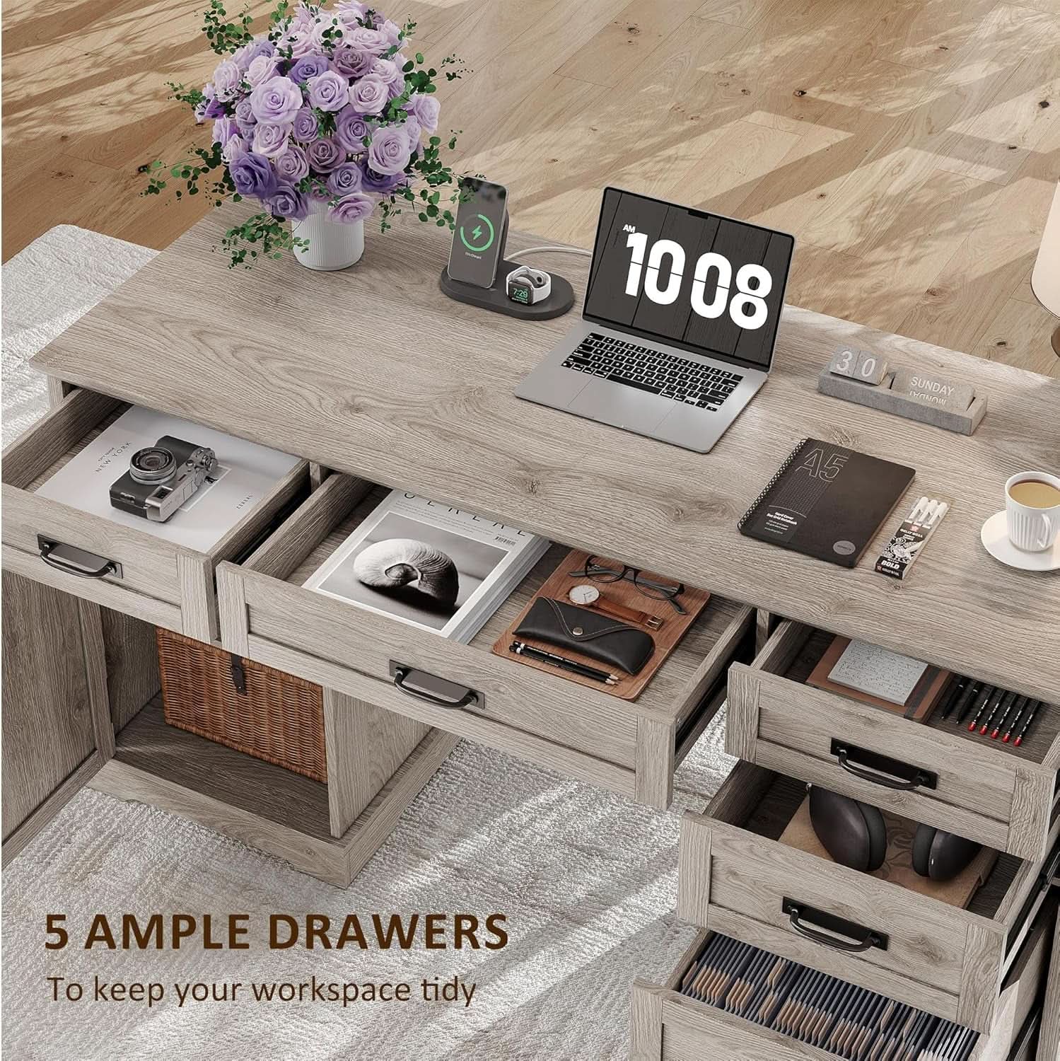 55 Inch Farmhouse Desk White Wash Gray Home Office