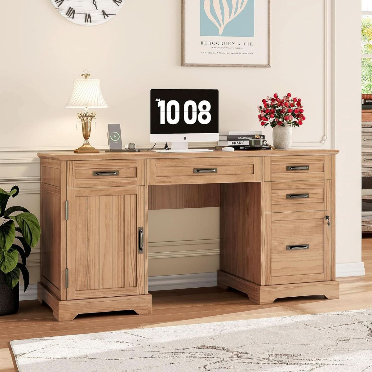 55 Inch Farmhouse Executive Desk Walnut Premium Quality