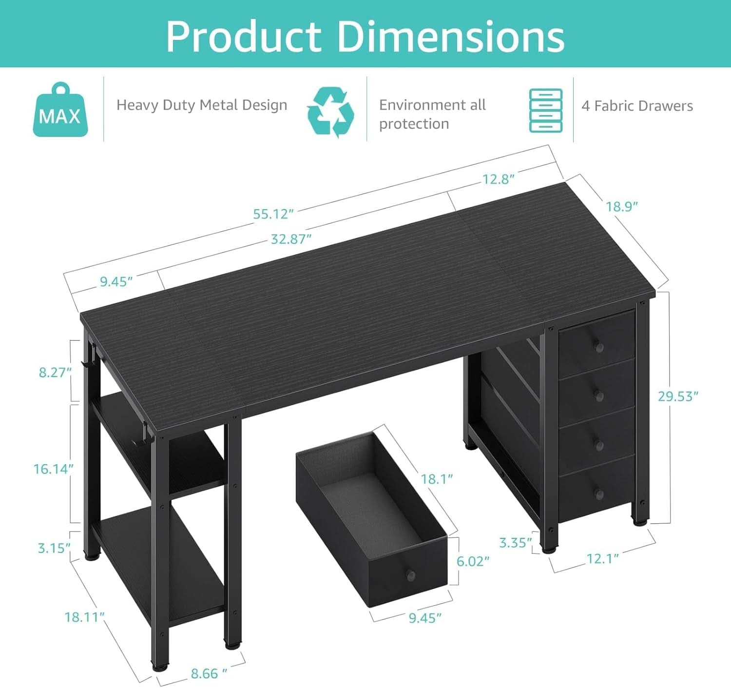 55 Inch Gaming Desk With Fabric Drawers And Shelves Black