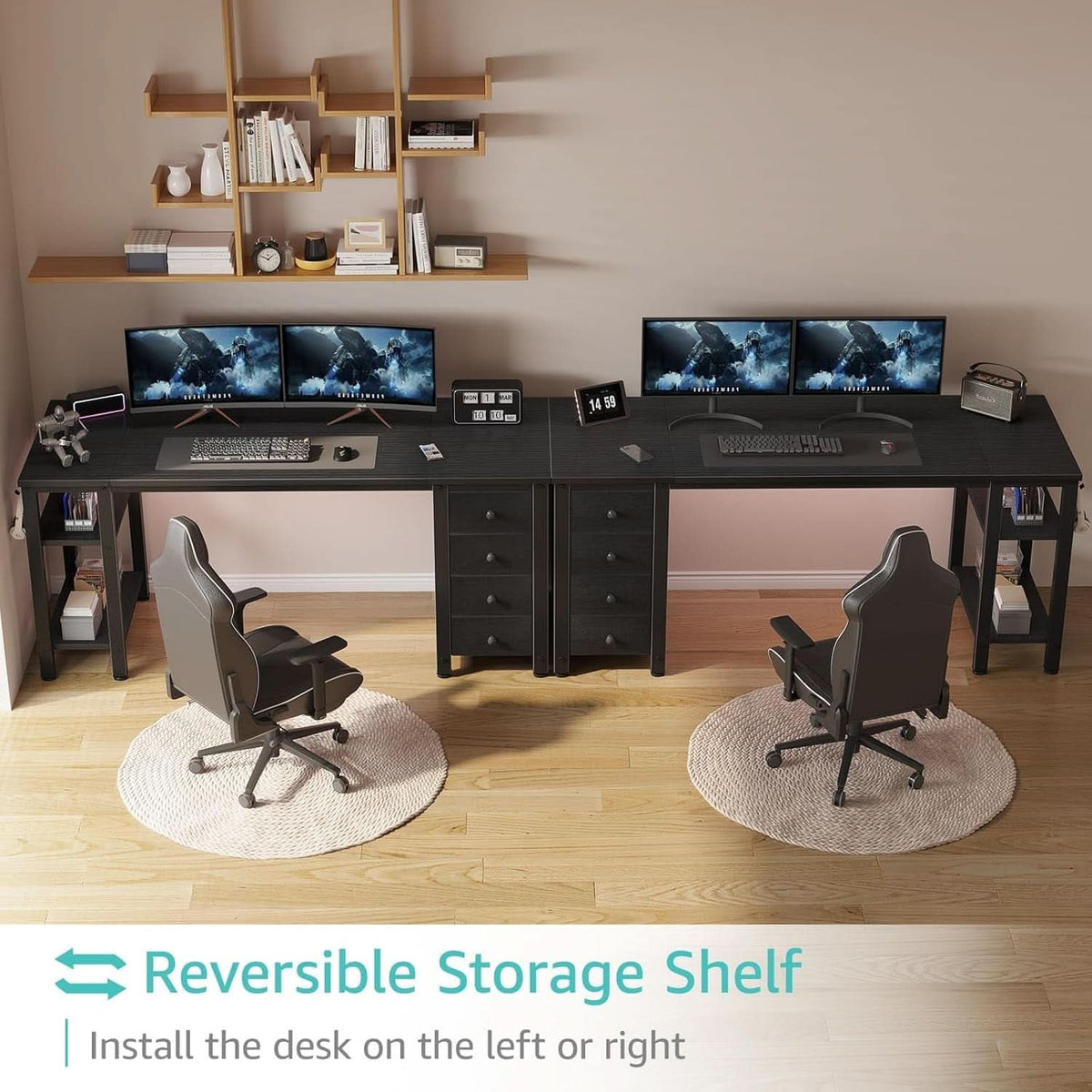 55 Inch Gaming Desk With Fabric Drawers And Shelves Black