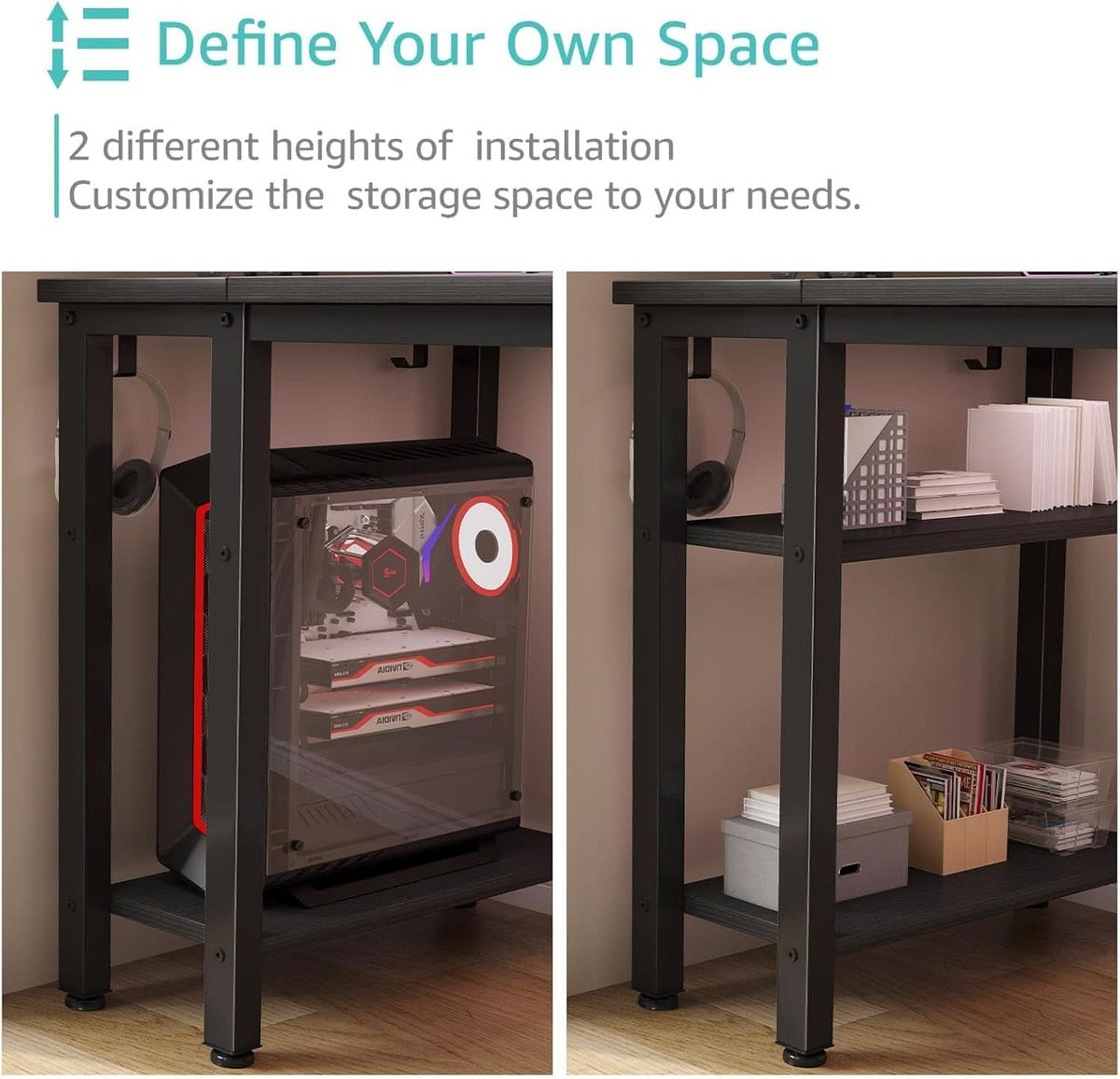55 Inch Gaming Desk With Fabric Drawers And Shelves Black