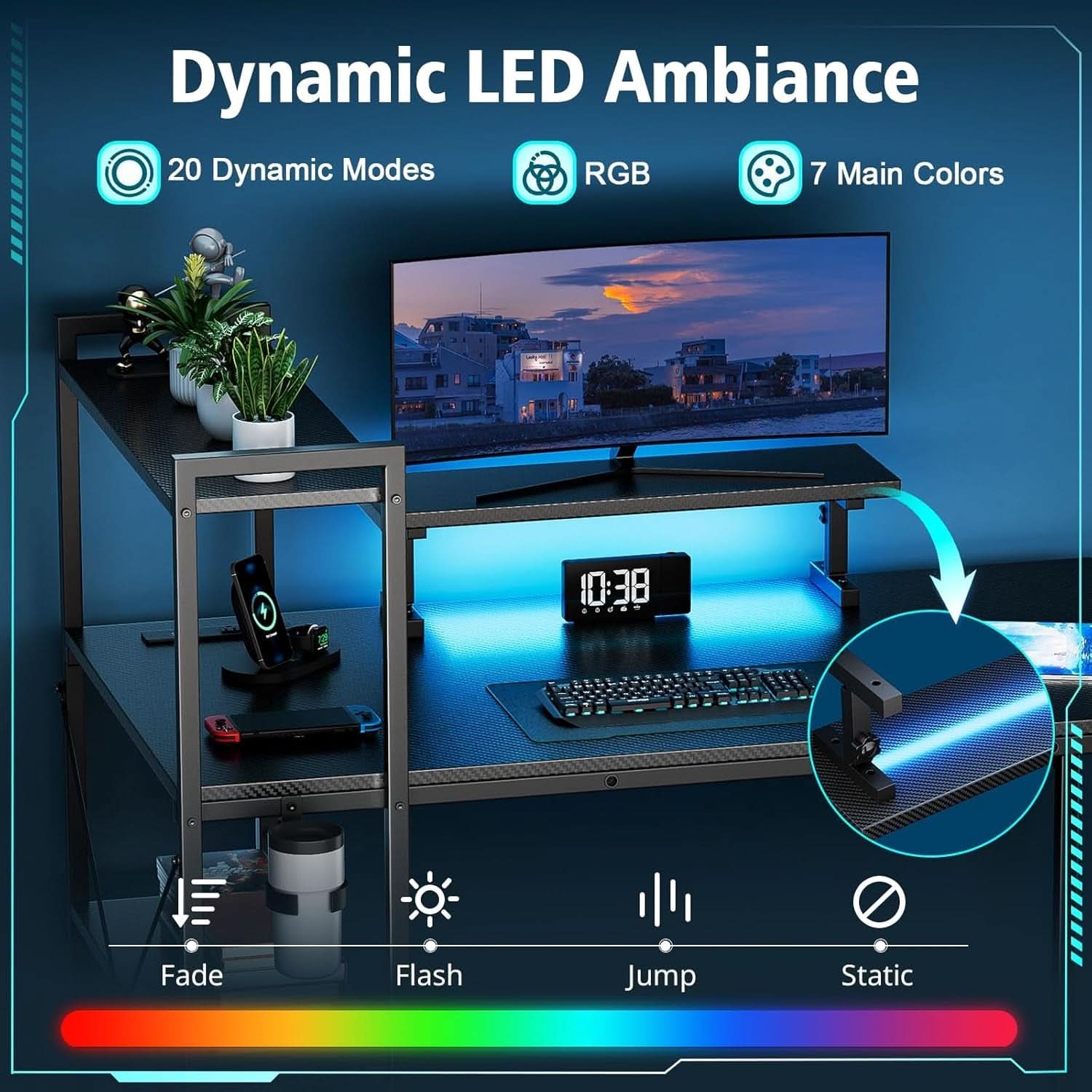 55 Inch Gaming Desk With LED Lights And Shelves