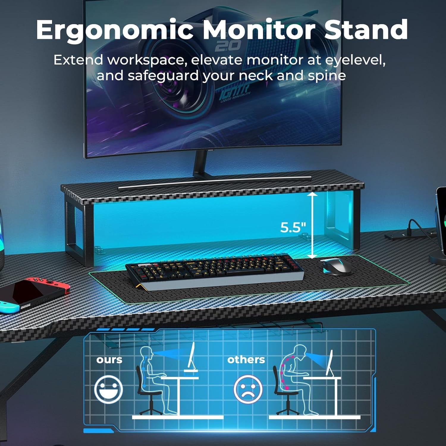 55 Inch Gaming Desk With LED Lights For Gaming Setup