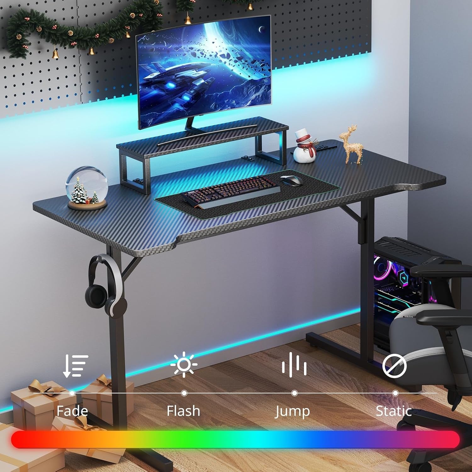 55 Inch Gaming Desk With LED Lights For Gaming Setup