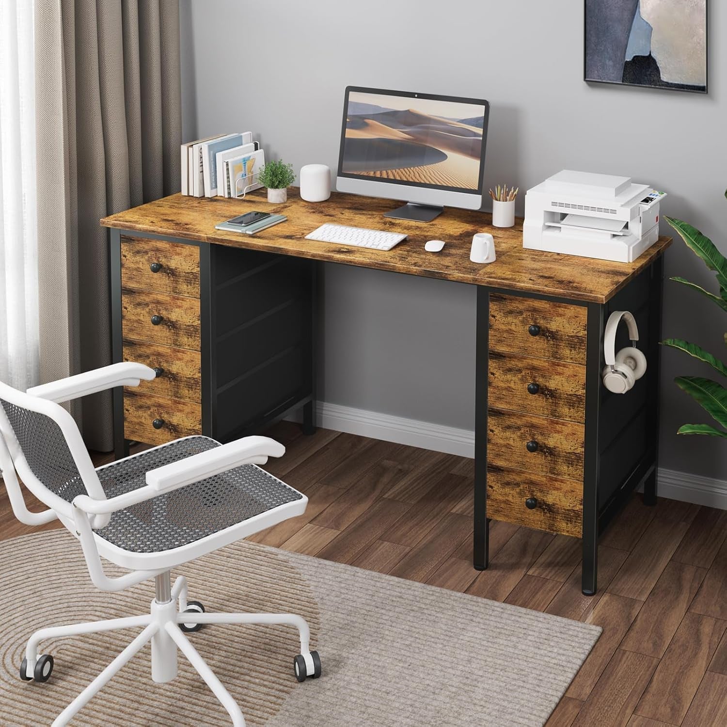 55-Inch Home Office Desk With 8 Fabric Drawers For Storage
