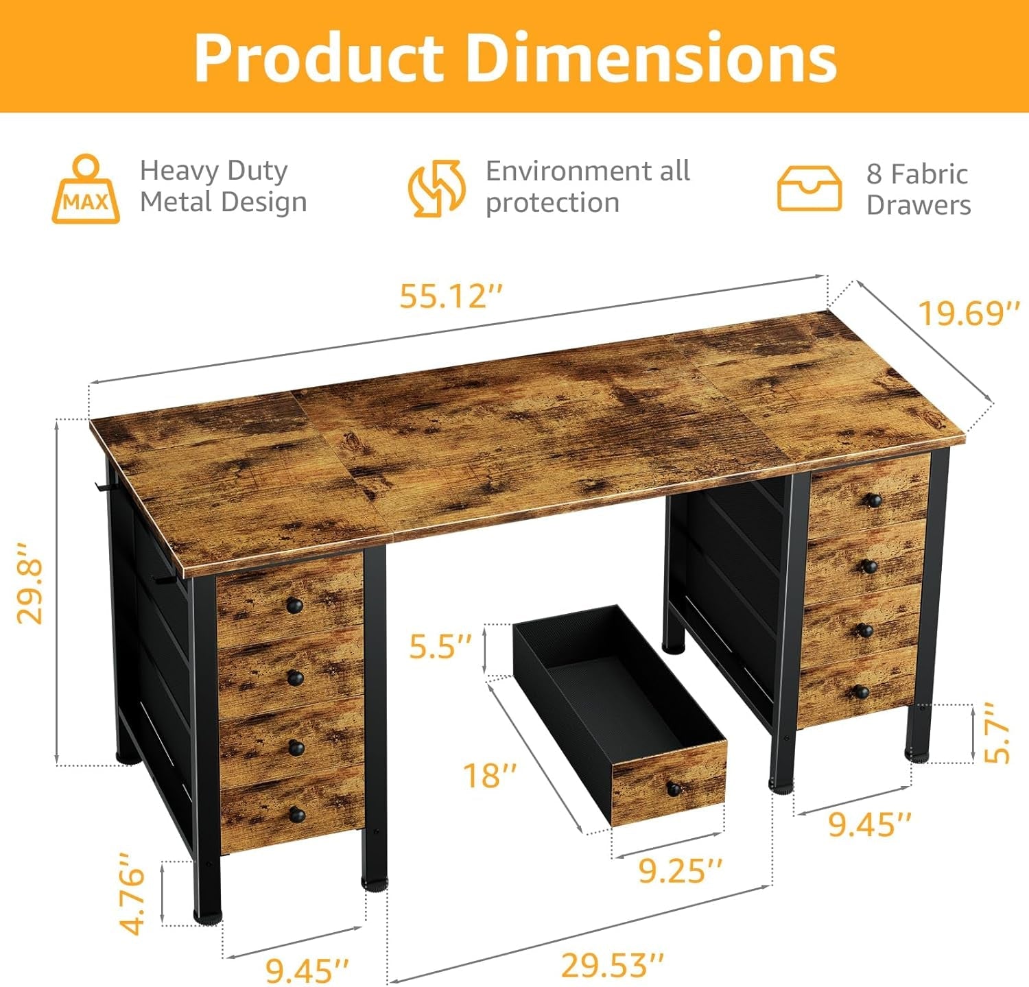 55-Inch Home Office Desk With 8 Fabric Drawers For Storage