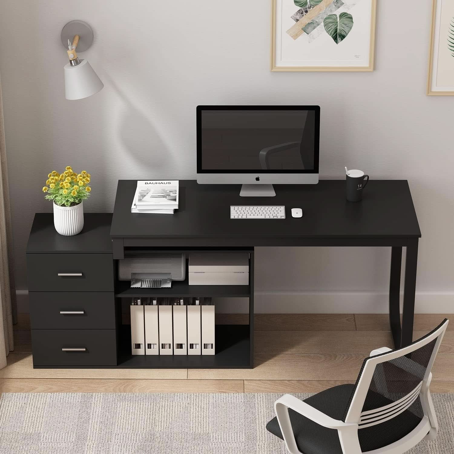 55 Inch L Shaped Computer Desk Black Storage Cabinet