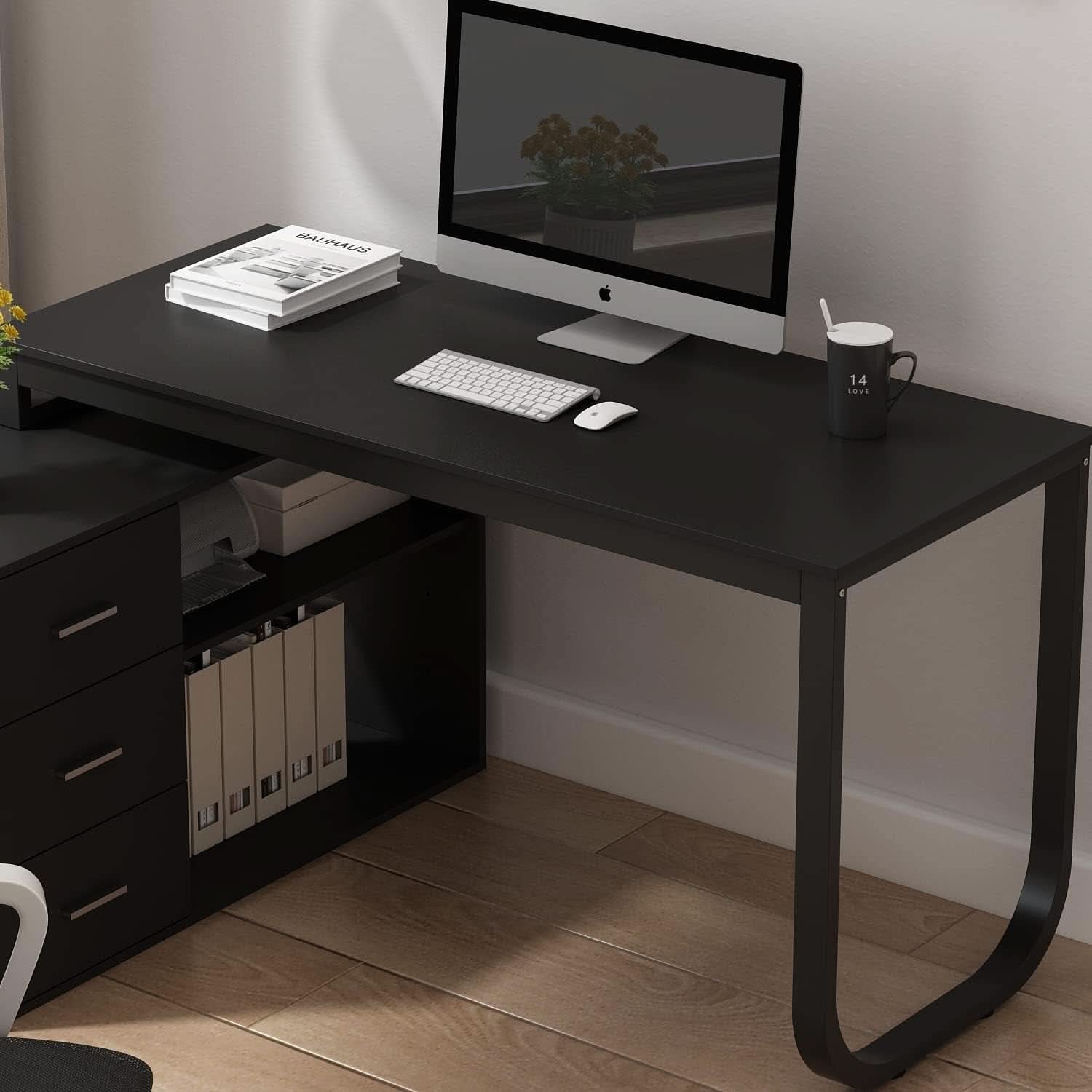 55 Inch L Shaped Computer Desk Black Storage Cabinet