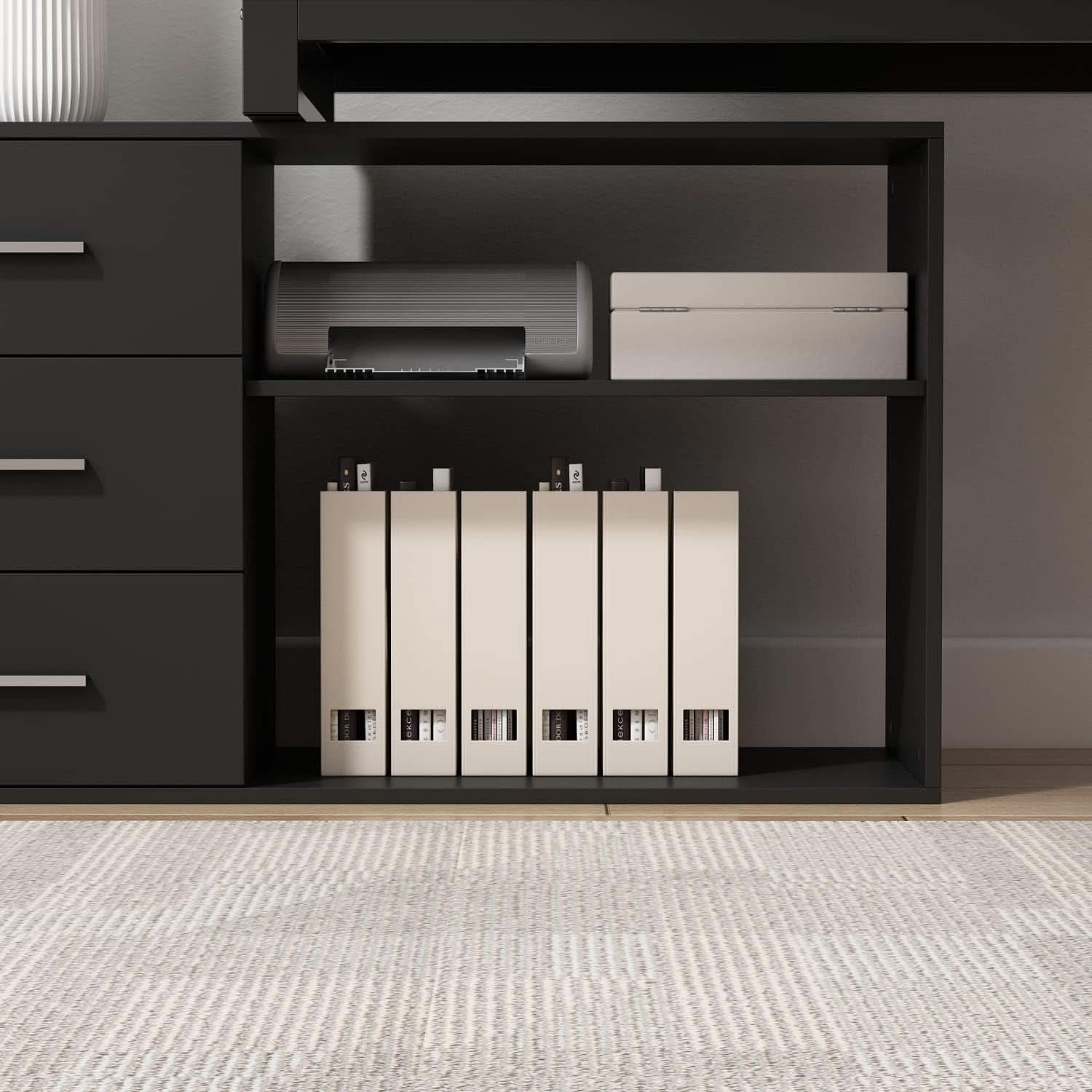 55 Inch L Shaped Computer Desk Black Storage Cabinet