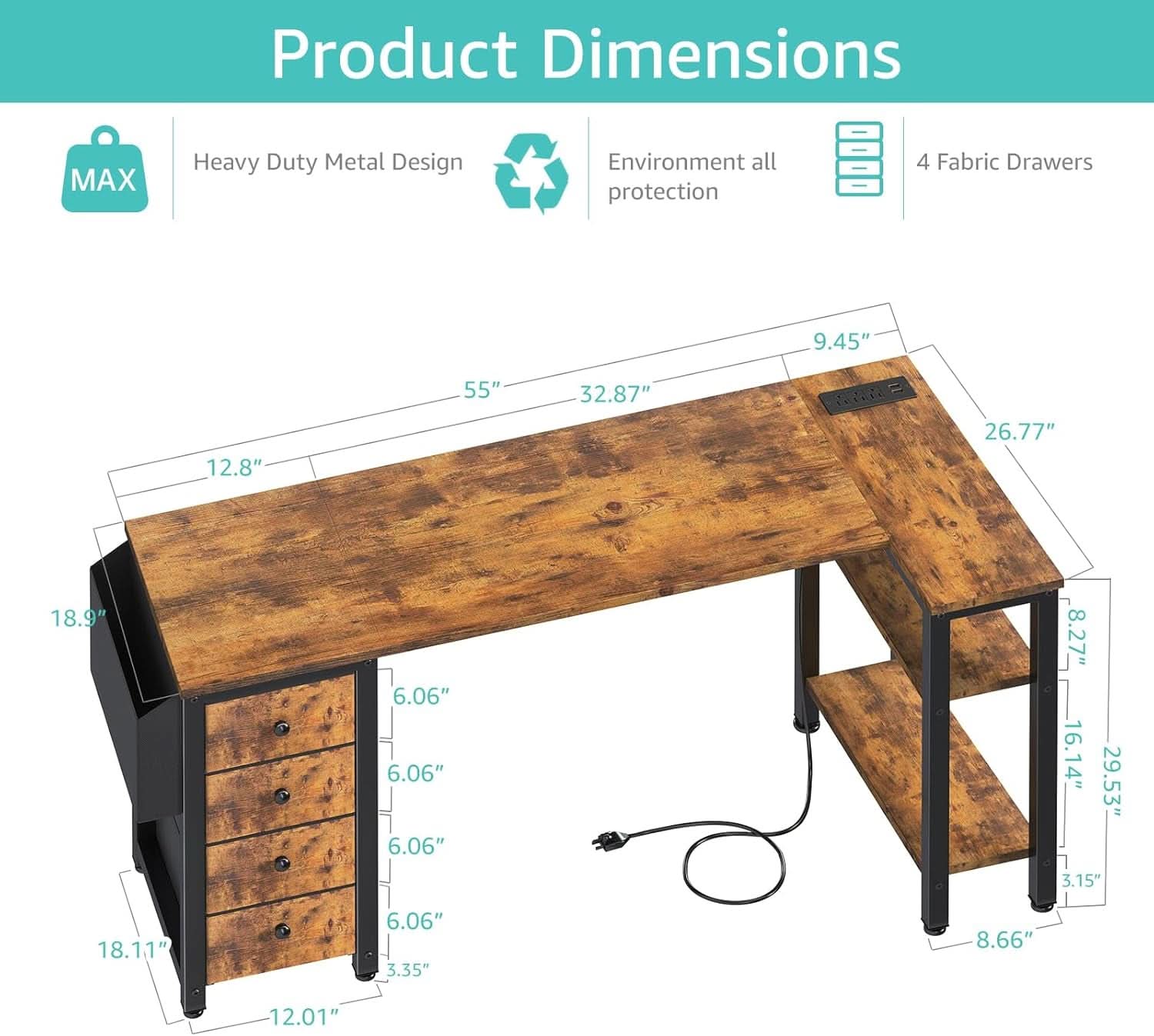 55 Inch L Shaped Computer Desk With Outlet For Home Office