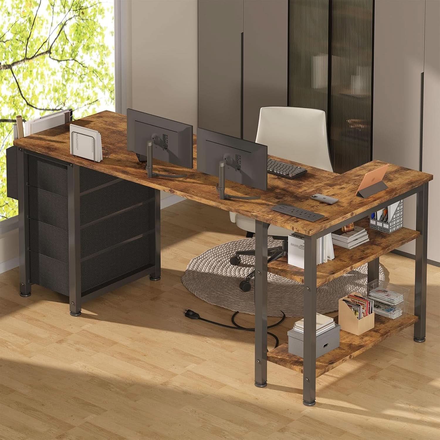 55 Inch L Shaped Computer Desk With Outlet For Home Office