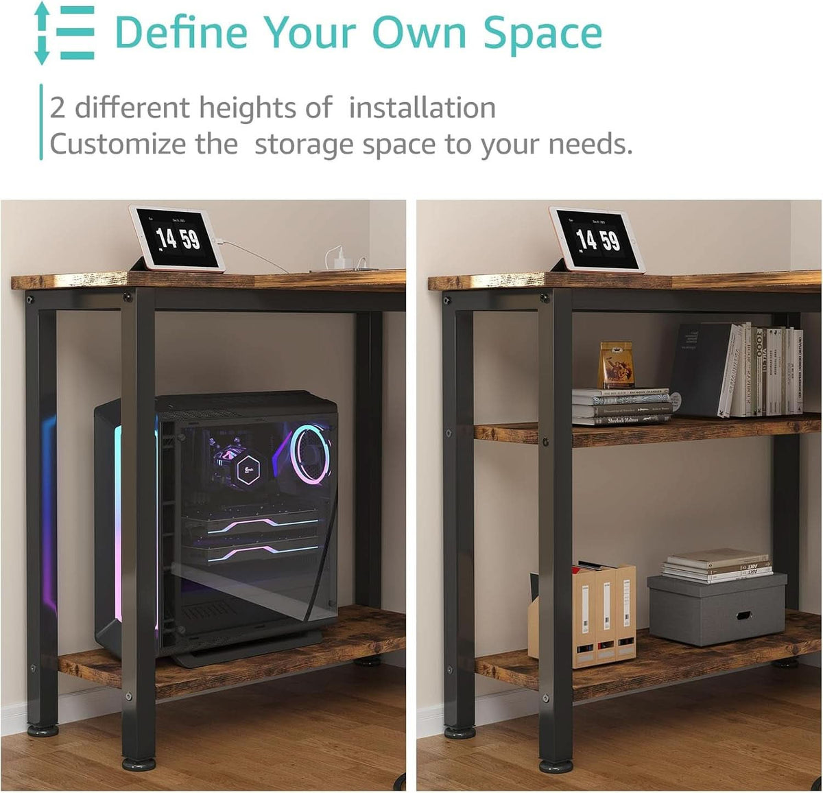 55 Inch L Shaped Computer Desk With Outlet For Home Office
