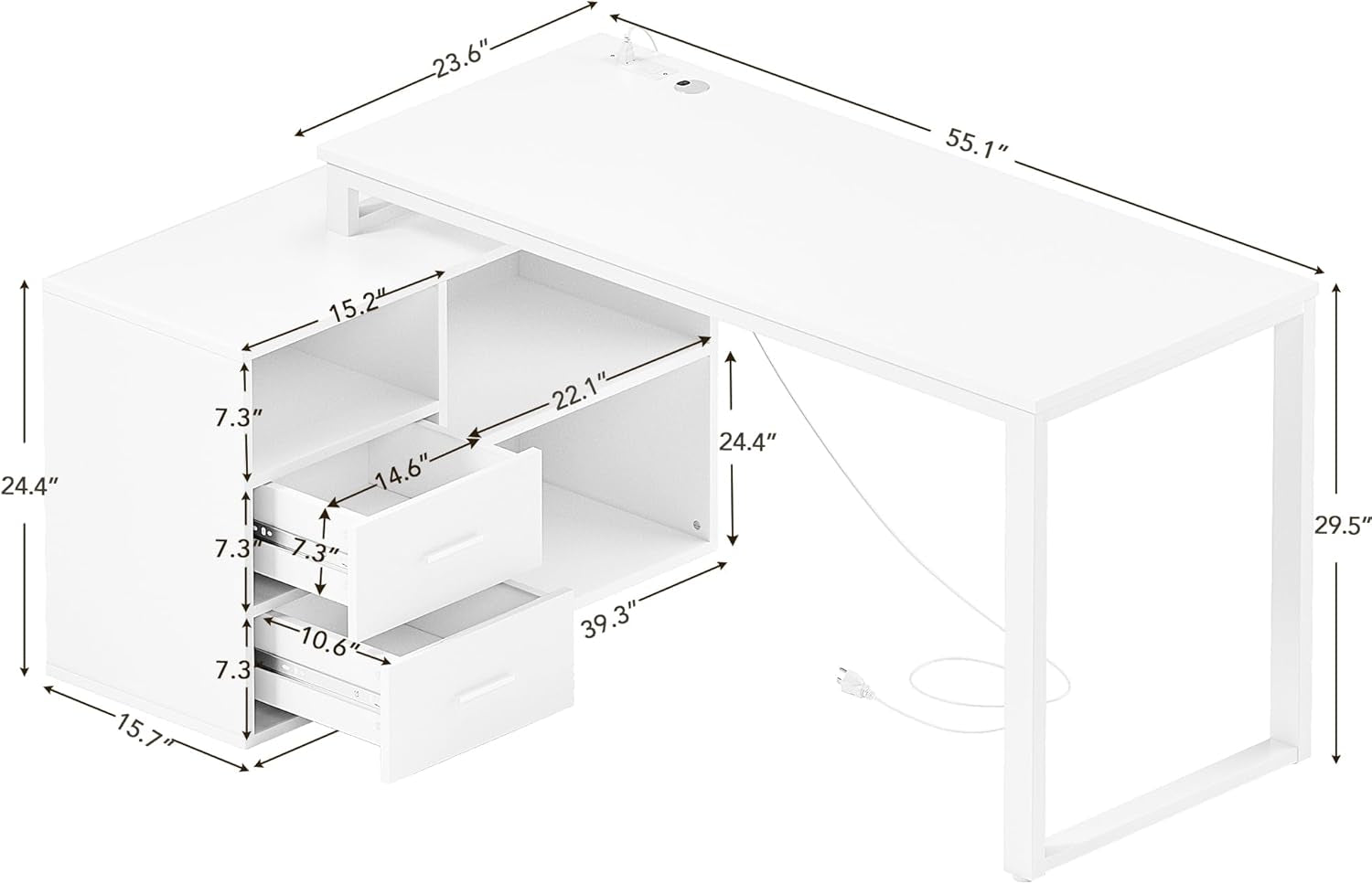 55 Inch L Shaped Desk White Finish For Home Office