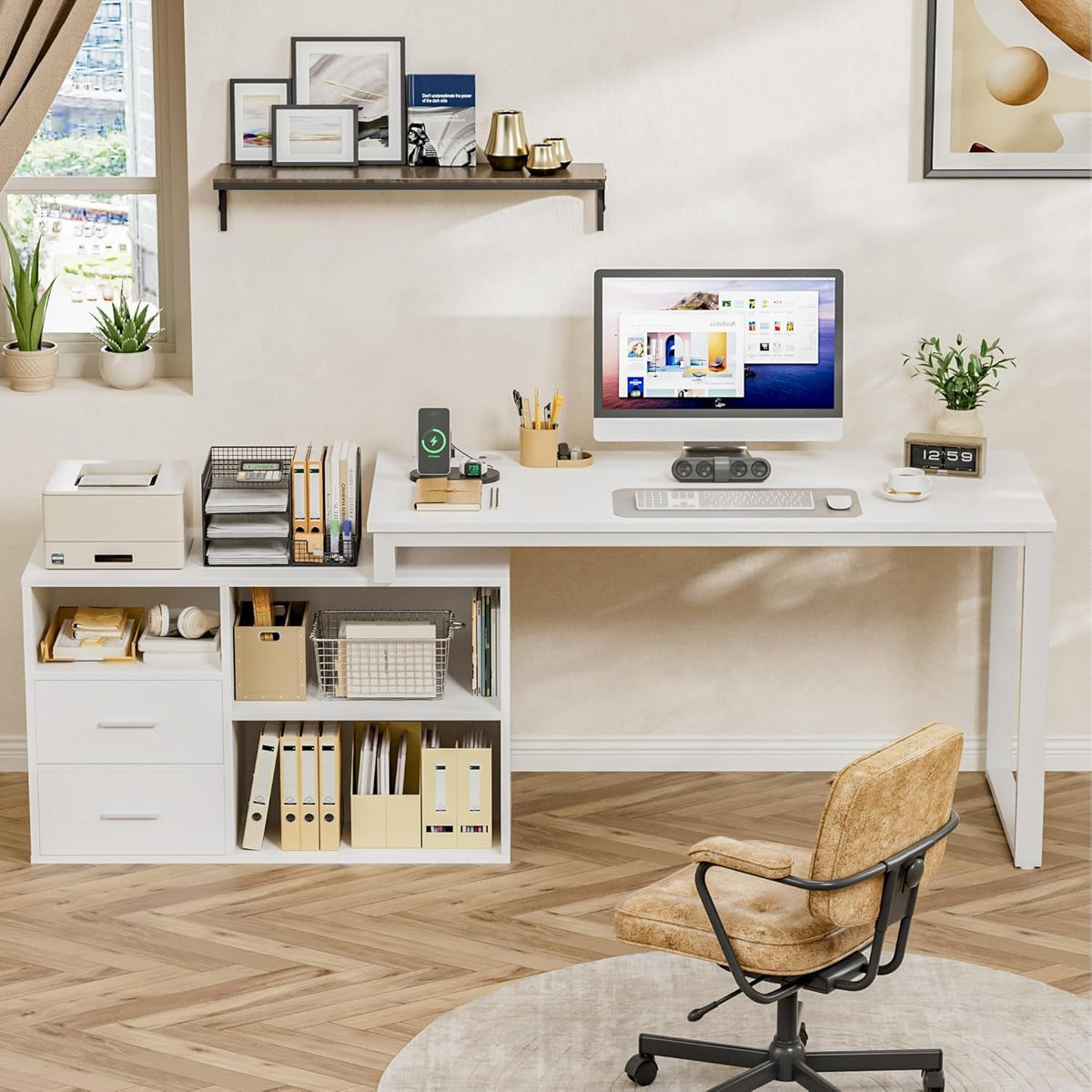 55 Inch L Shaped Desk White Finish For Home Office
