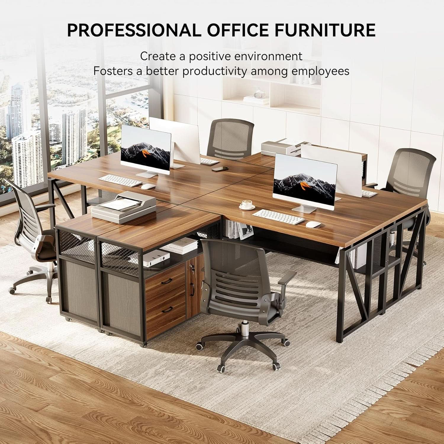 55 Inch L Shaped Desk With File Cabinet Walnut Black