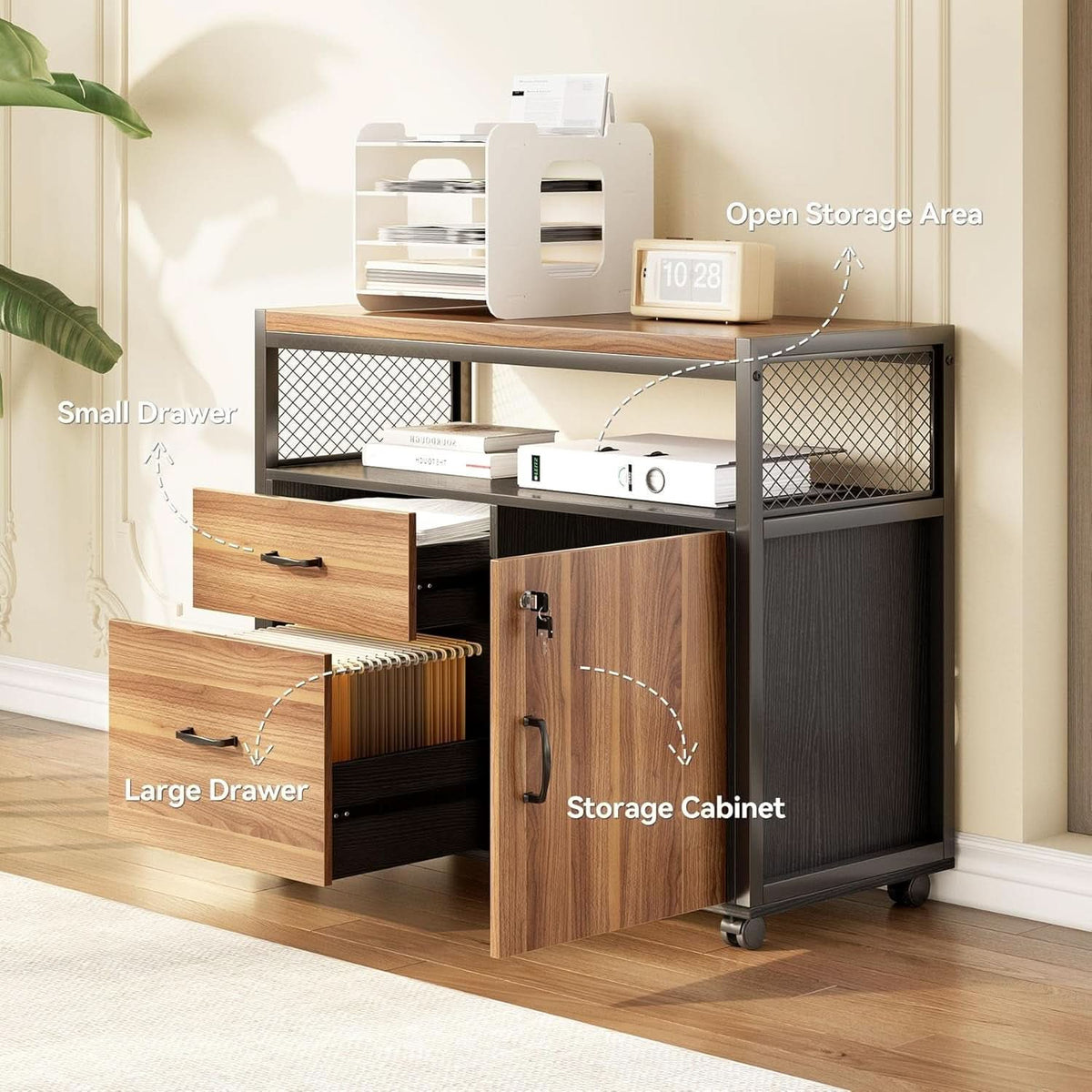 55 Inch L Shaped Desk With File Cabinet Walnut Black