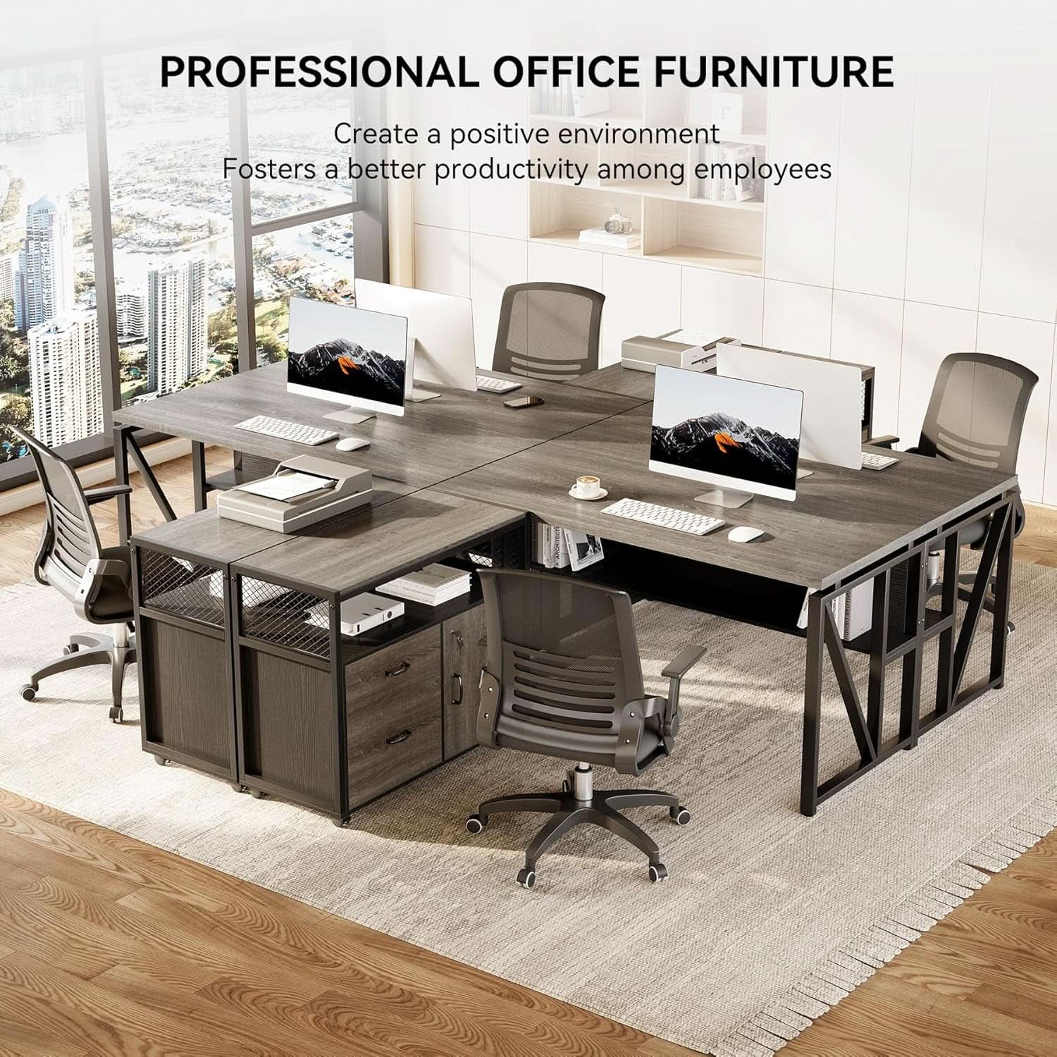 55 Inch L Shaped Office Desk With Grey Filing Cabinet Set