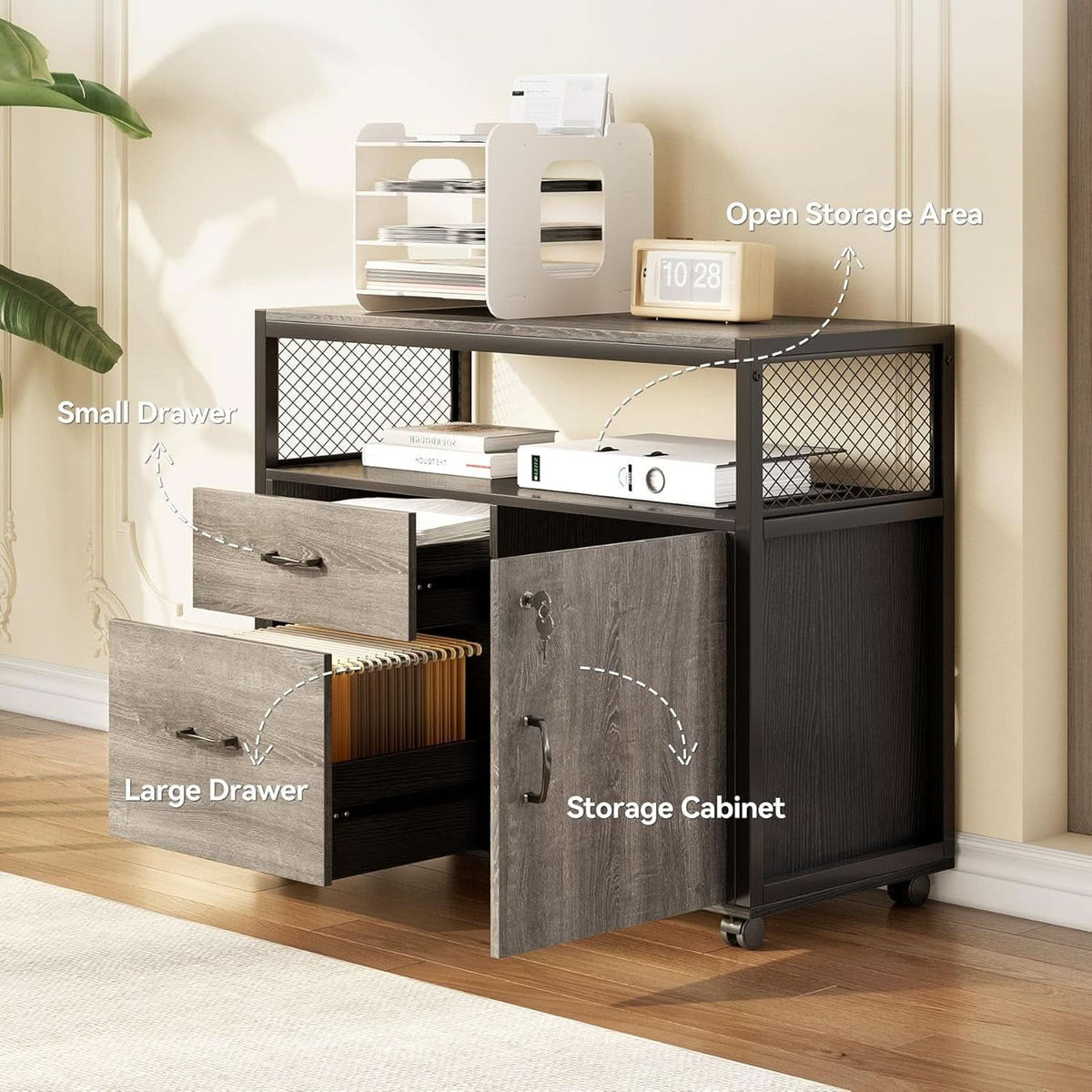 55 Inch L Shaped Office Desk With Grey Filing Cabinet Set