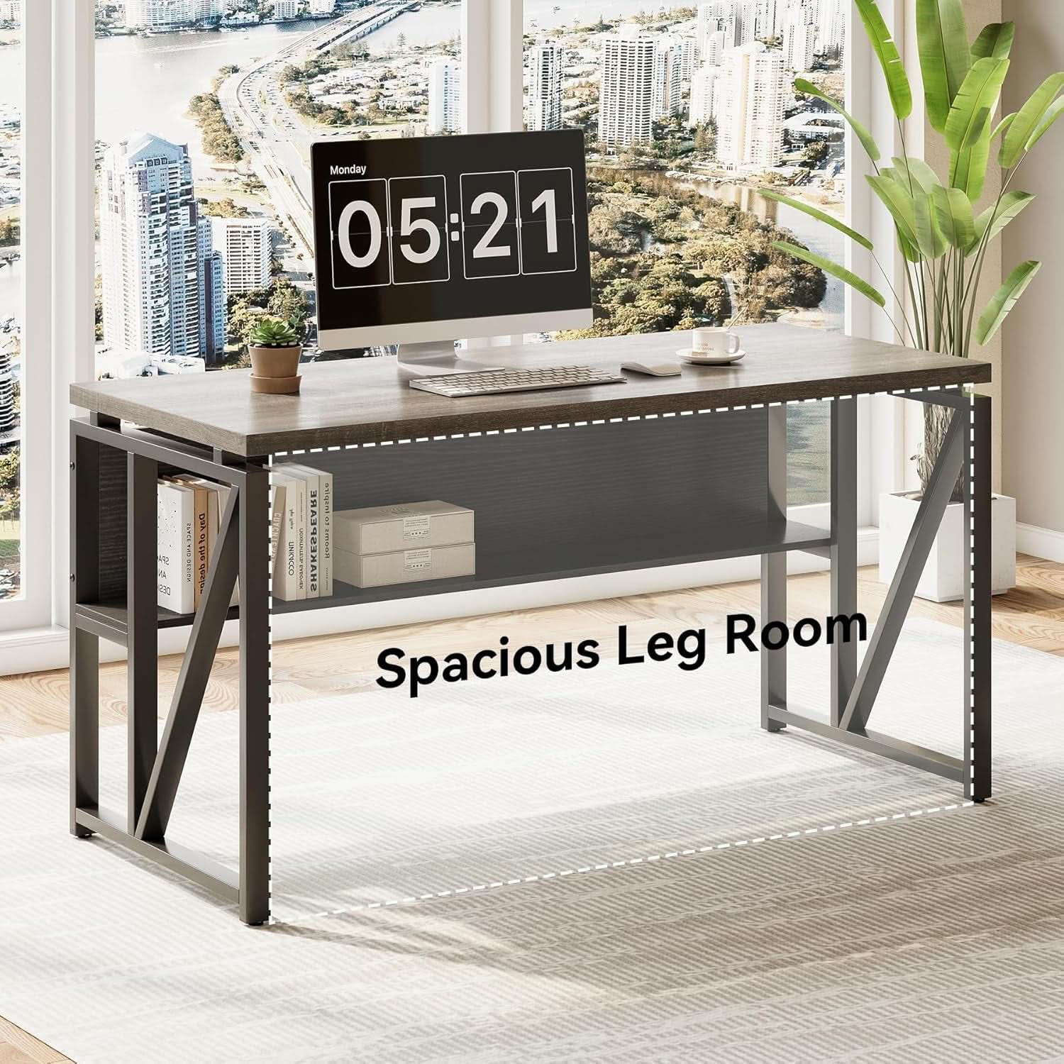 55 Inch L Shaped Office Desk With Grey Filing Cabinet Set