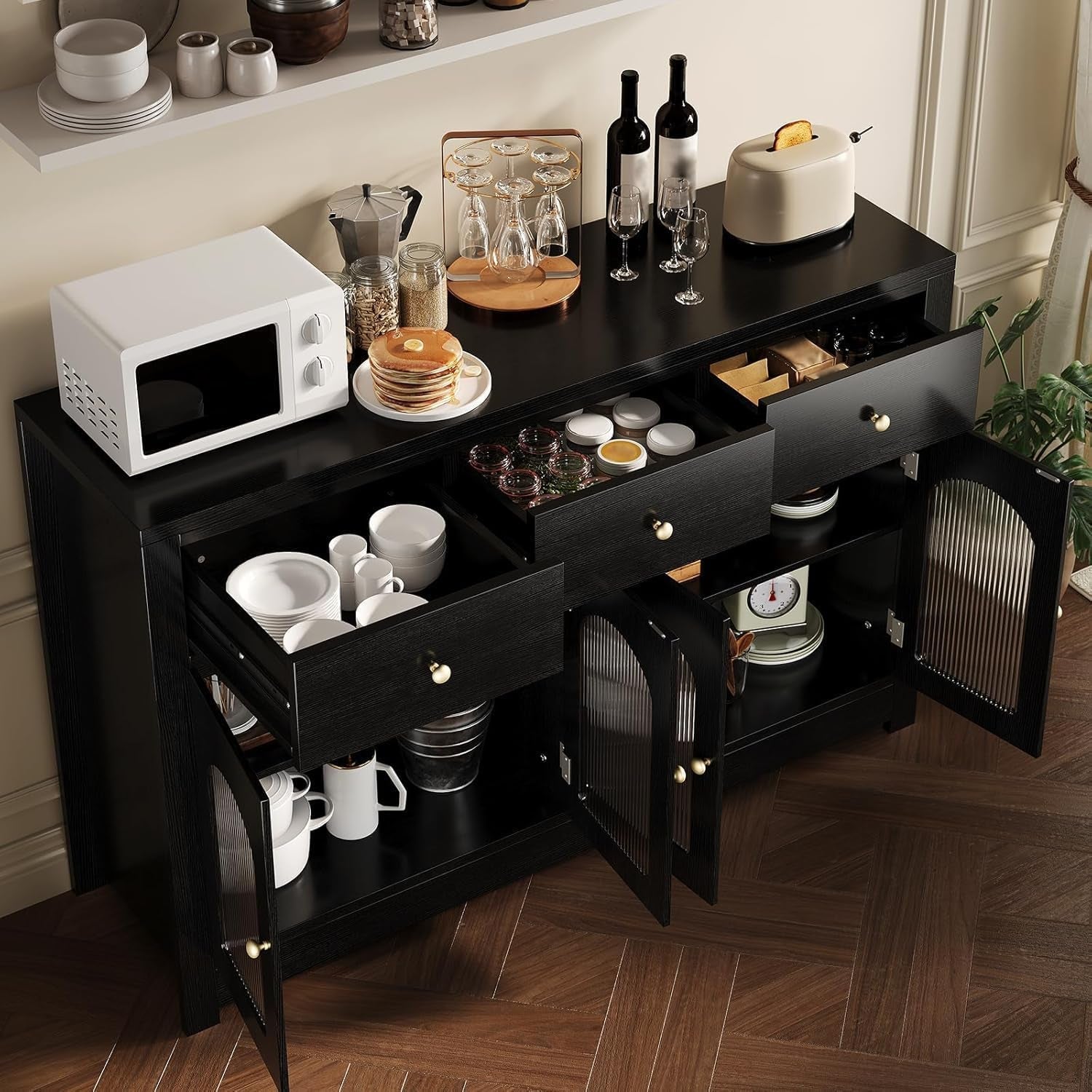 55-Inch Matte Black Sideboard Buffet For Dining Room Storage