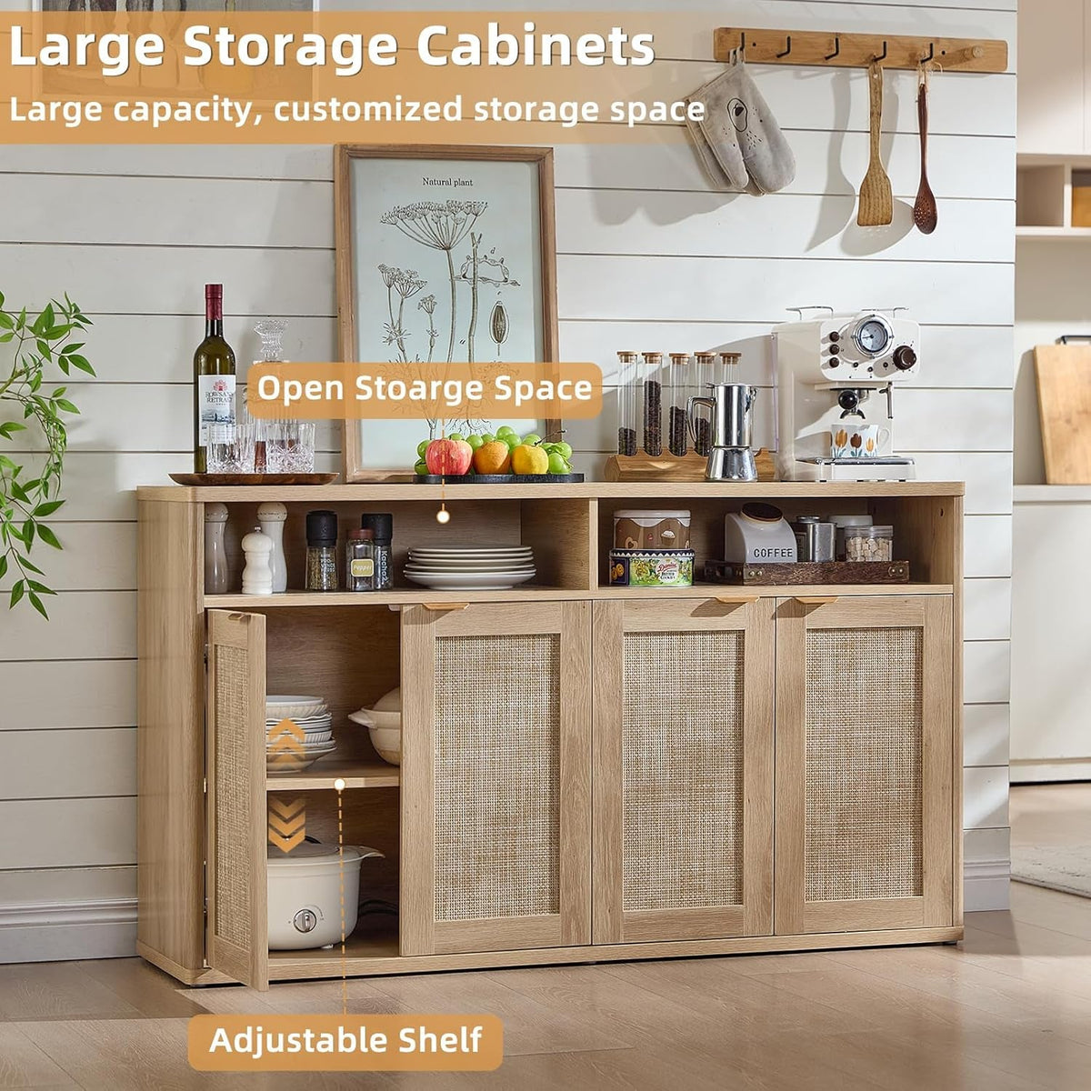 55 Inch Rattan Sideboard Buffet Cabinet With Four Doors Natural Finish