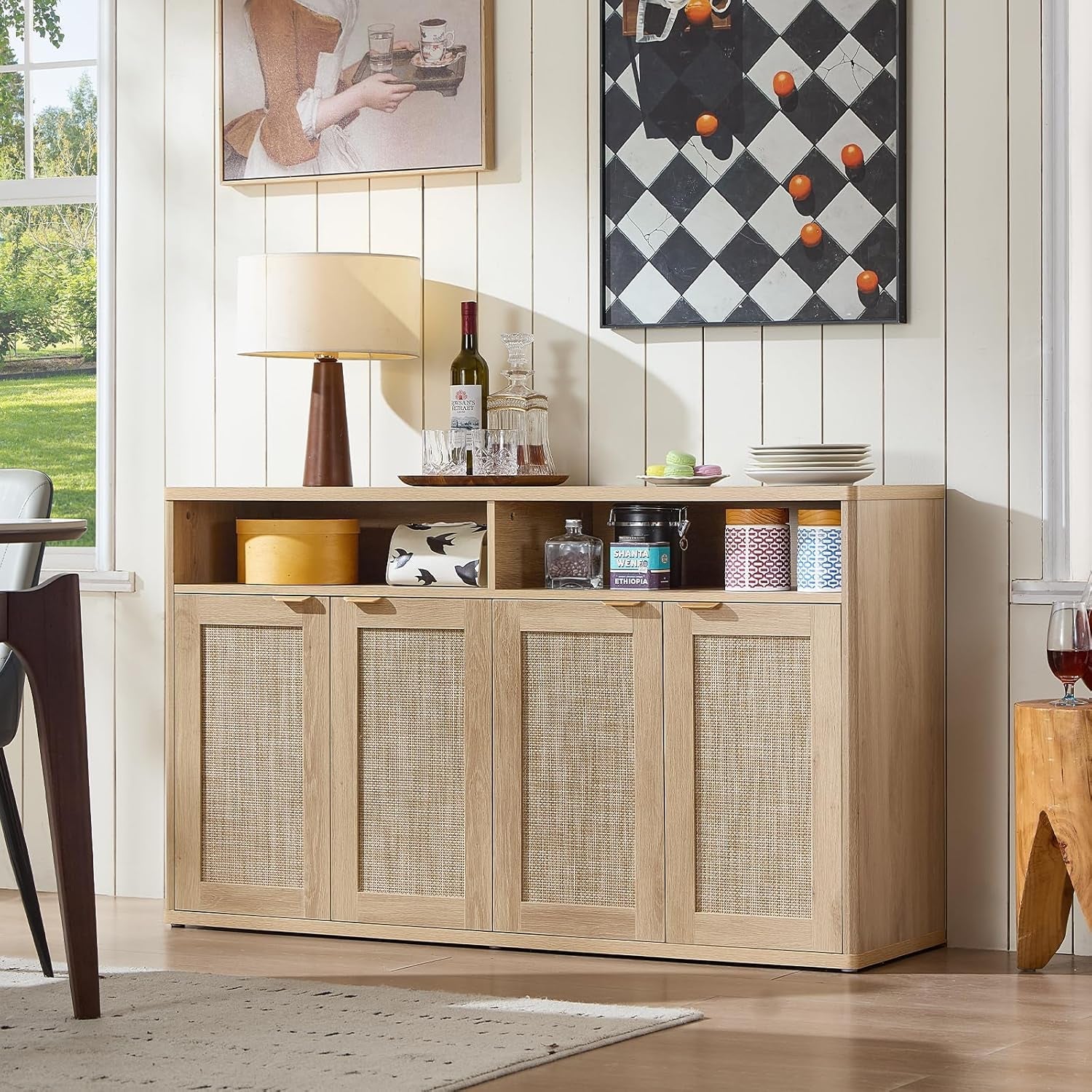 55 Inch Rattan Sideboard Buffet Cabinet With Four Doors Natural Finish