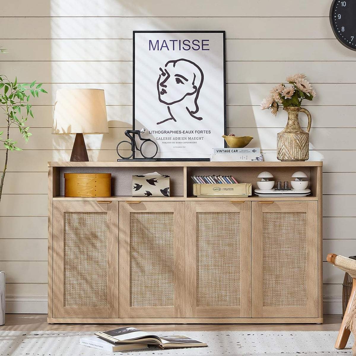 55 Inch Rattan Sideboard Buffet Cabinet With Four Doors Natural Finish