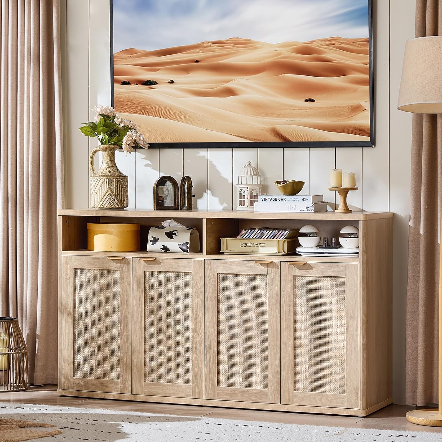 55 Inch Rattan Sideboard Buffet Cabinet With Four Doors Natural Finish