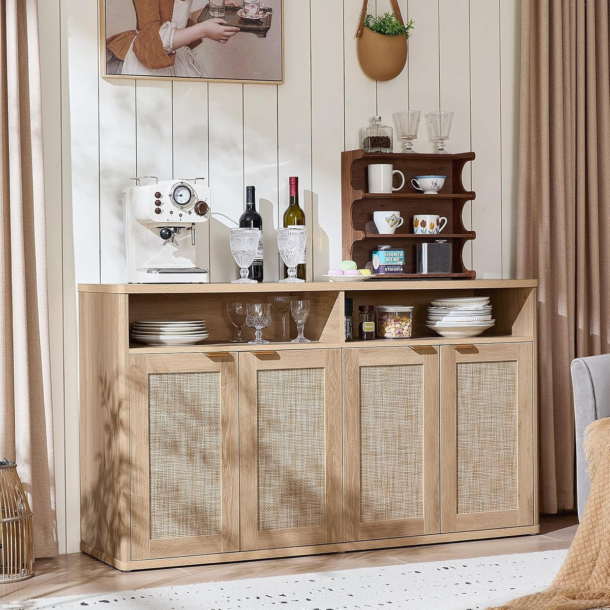 55 Inch Rattan Sideboard Buffet Cabinet With Four Doors Natural Finish