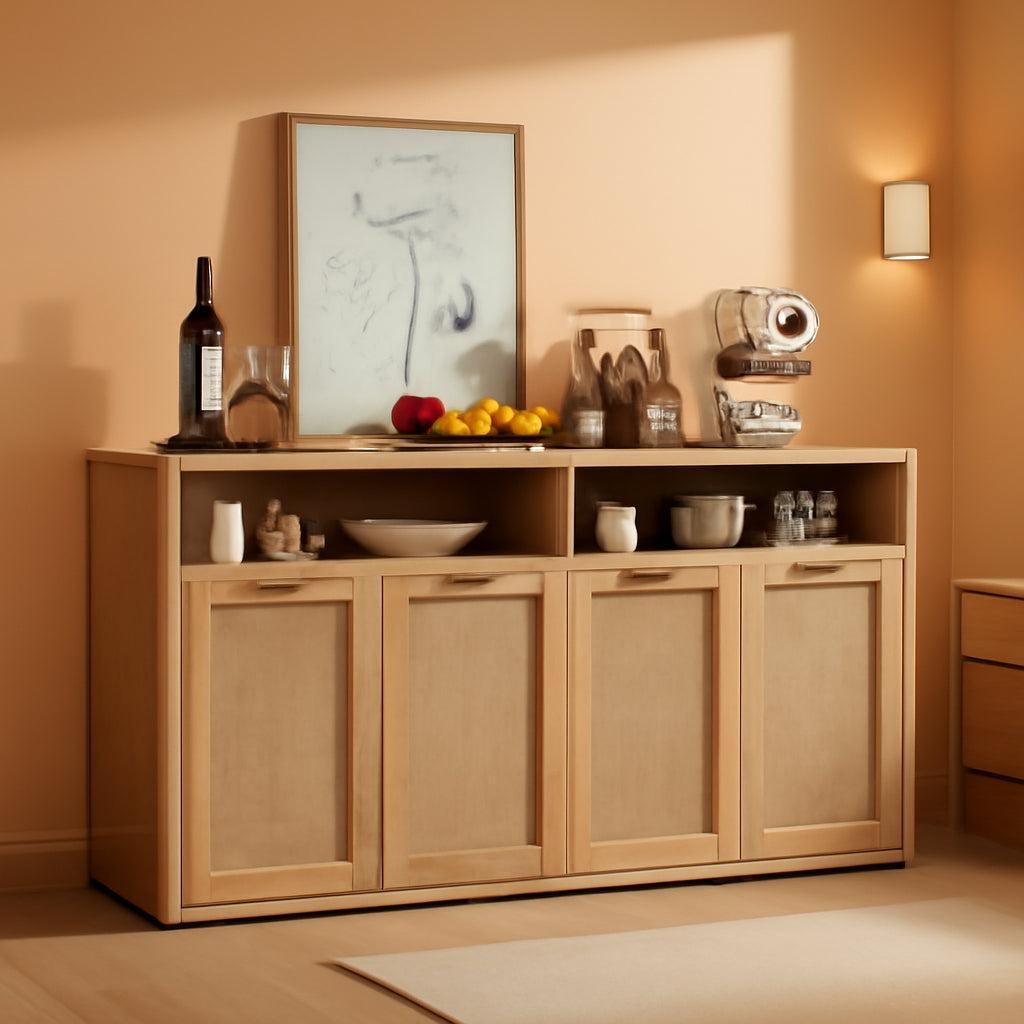 55 Inch Rattan Sideboard Buffet Cabinet With Four Doors Natural Finish