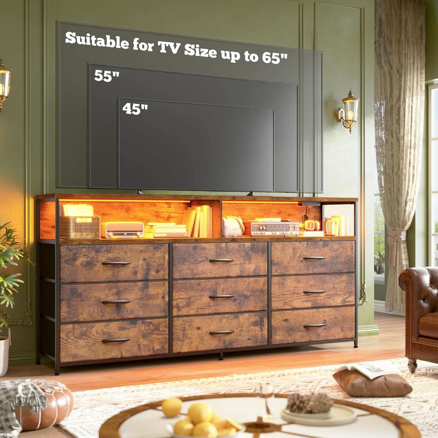 55 Inch Rustic Brown 9-Drawer Entertainment Dresser