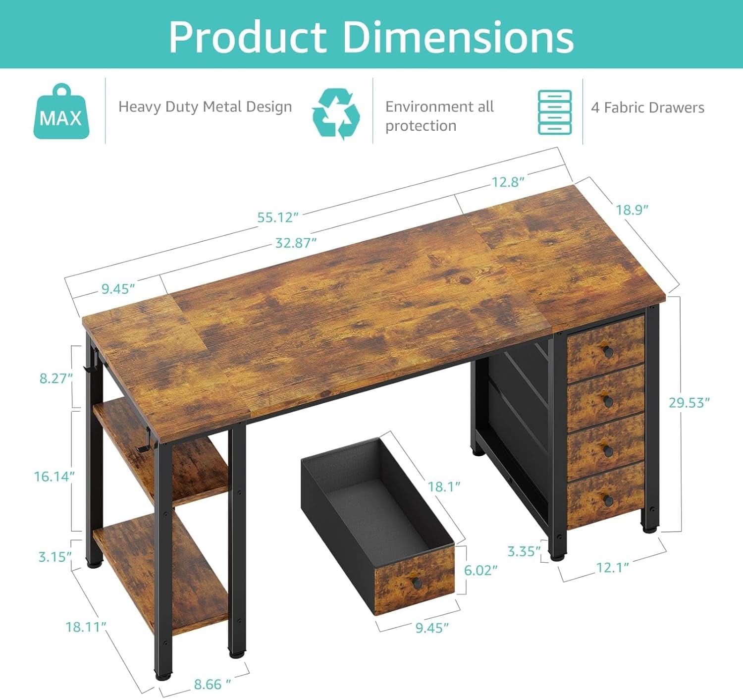 55 Inch Rustic Brown Computer Desk With 4 Fabric Drawers