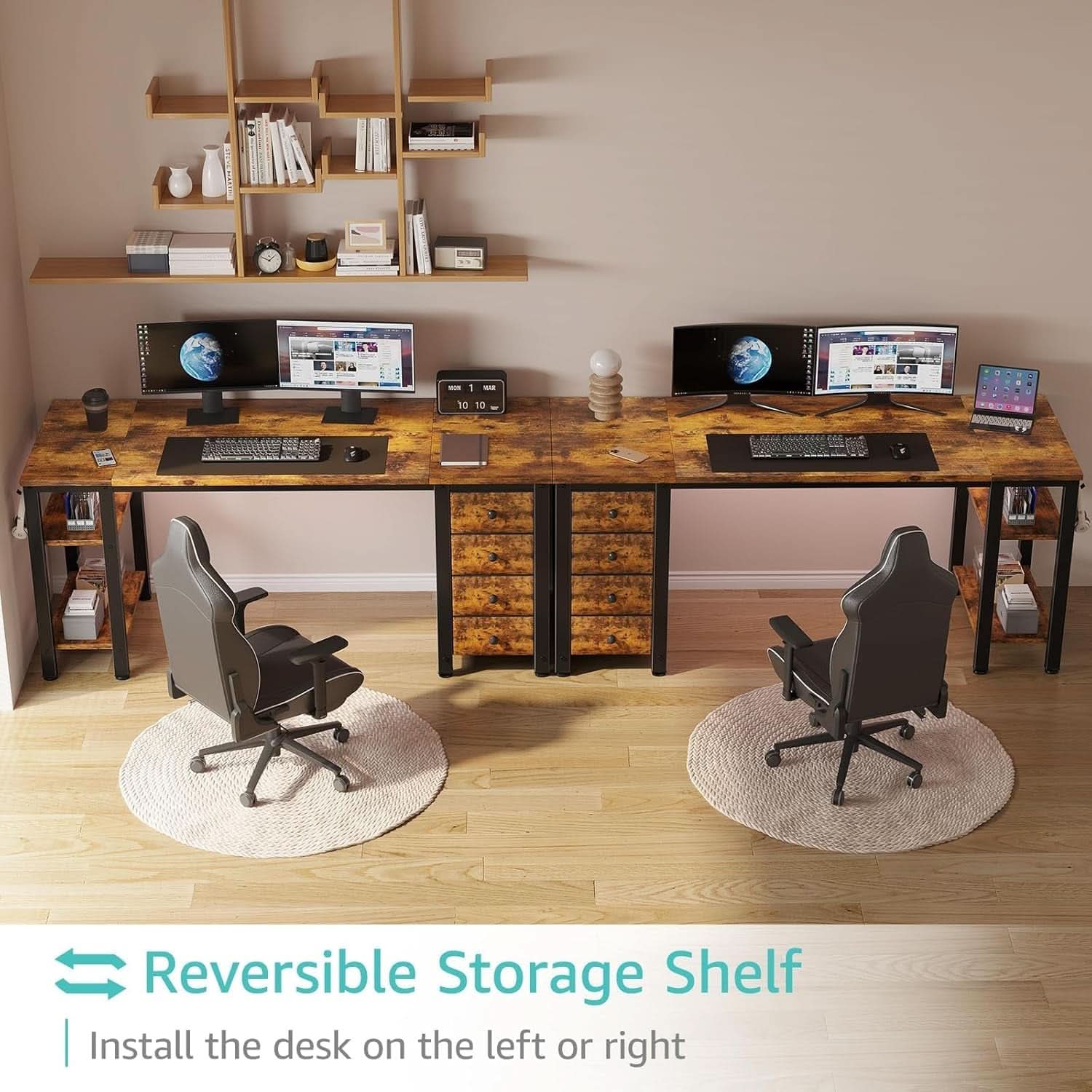 55 Inch Rustic Brown Computer Desk With 4 Fabric Drawers
