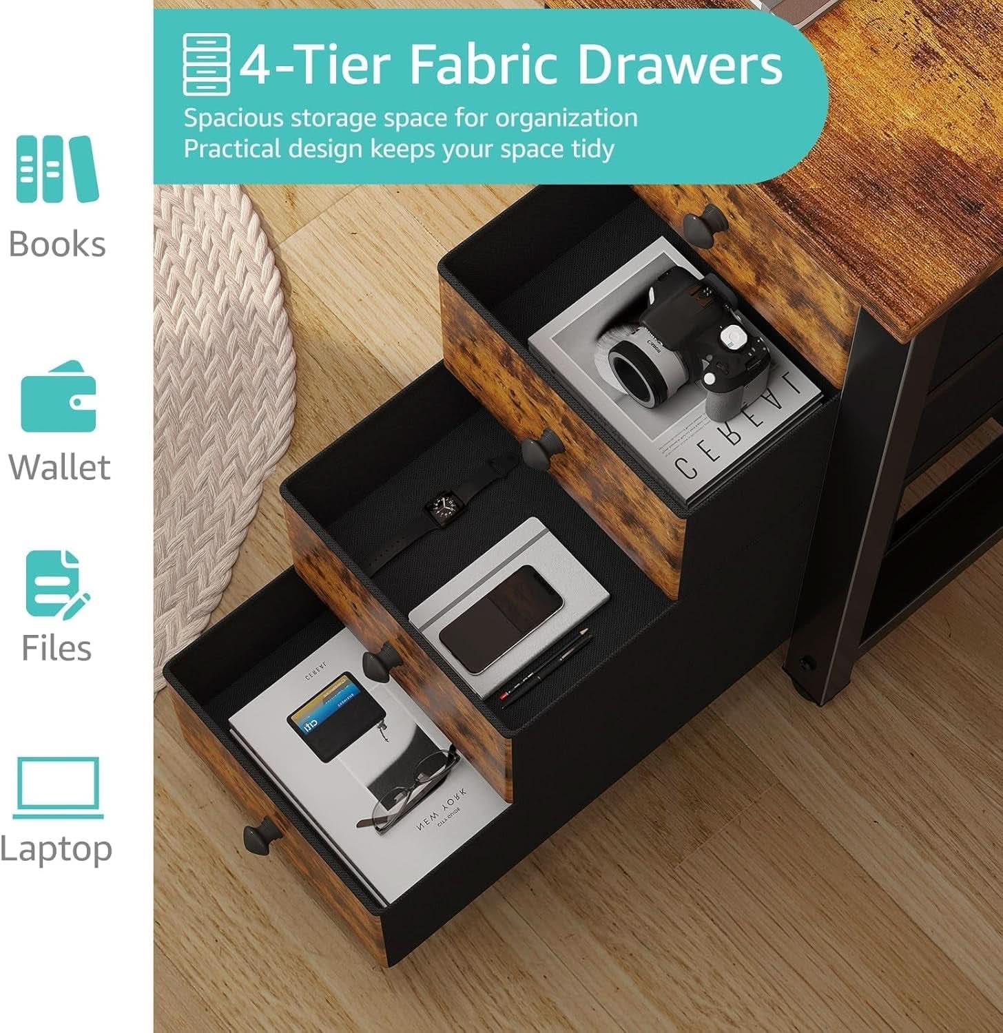 55 Inch Rustic Brown Computer Desk With 4 Fabric Drawers