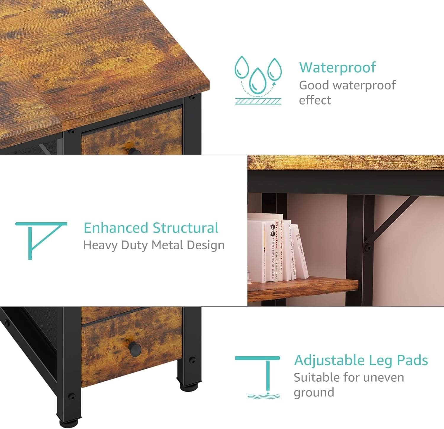 55 Inch Rustic Brown Computer Desk With 4 Fabric Drawers