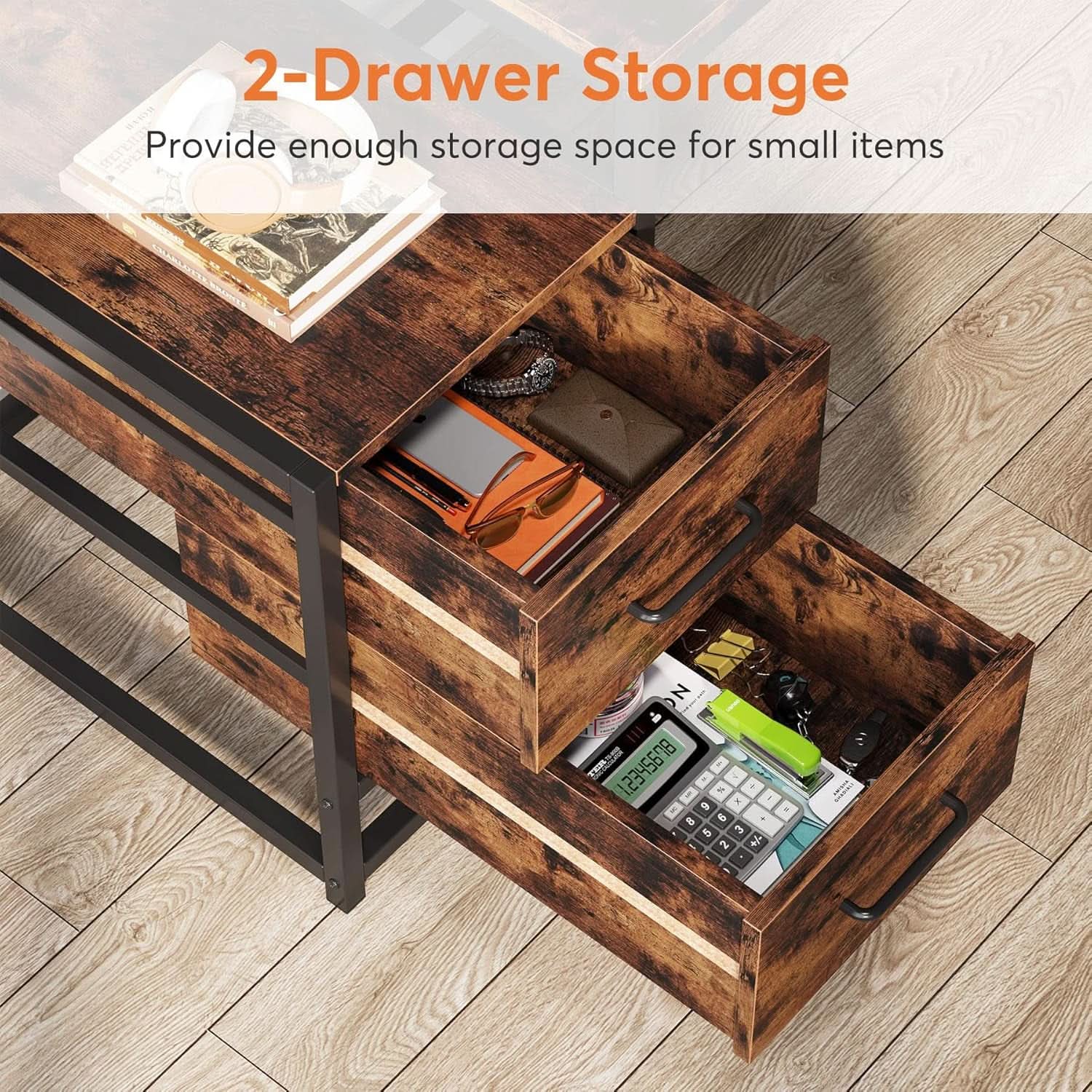 55 Inch Rustic Brown Computer Desk With Drawers And Shelves