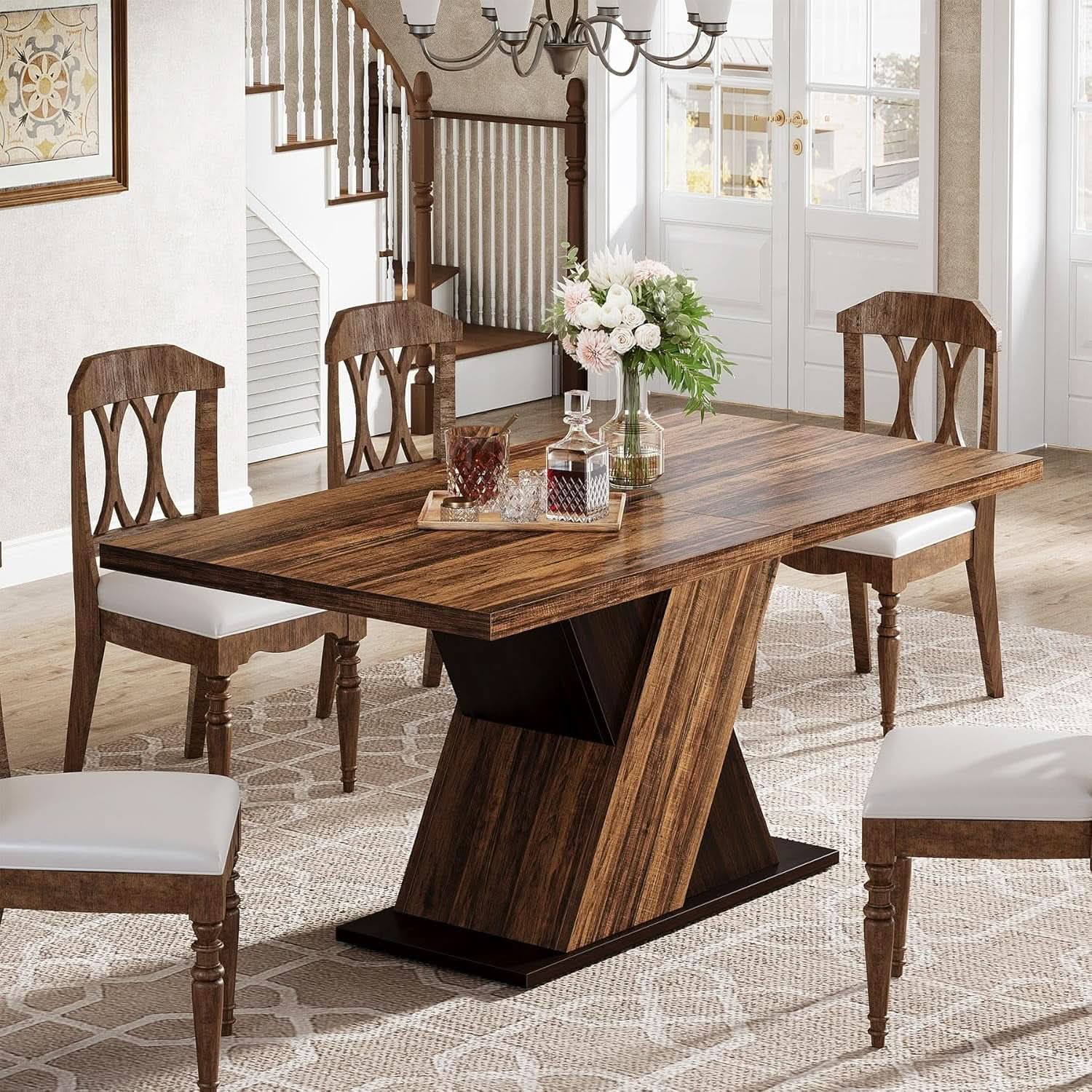 55 Inch Rustic Brown Farmhouse Dining Table For Four