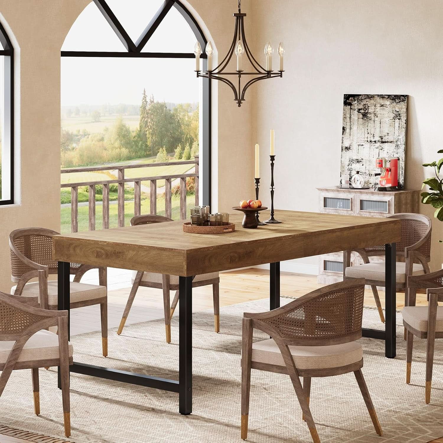 55 Inch Rustic Brown Farmhouse Dining Table With Metal Legs