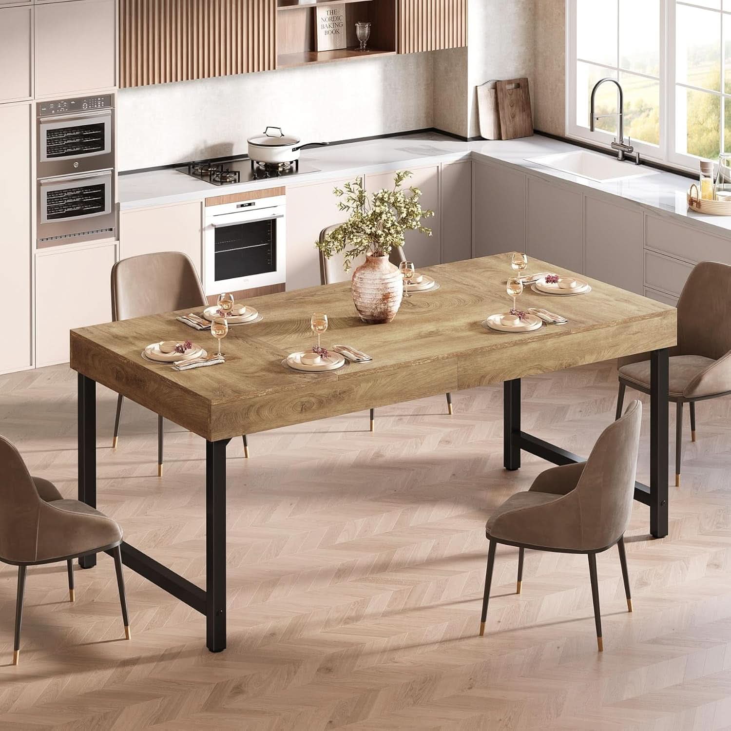 55 Inch Rustic Brown Farmhouse Dining Table With Metal Legs