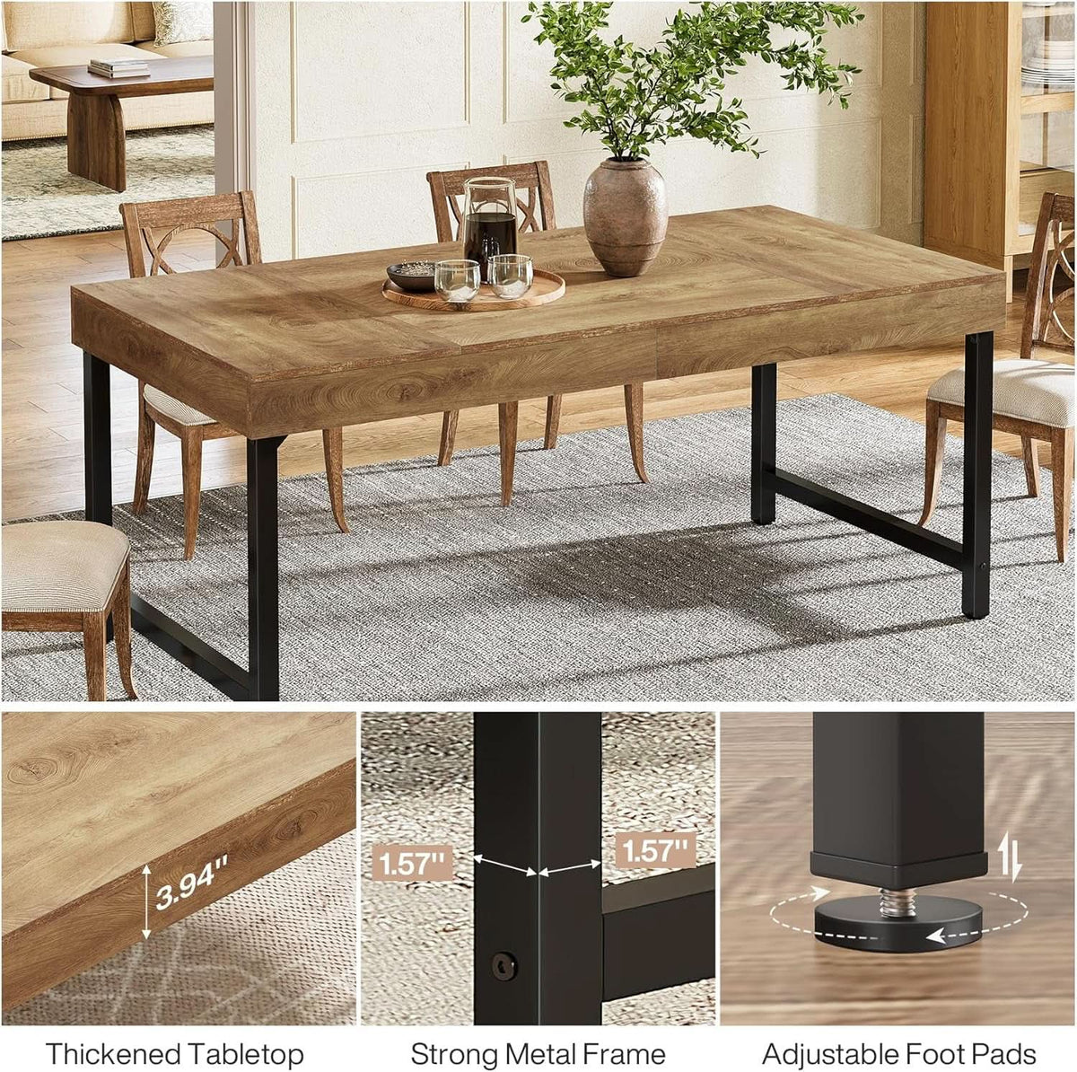 55 Inch Rustic Brown Farmhouse Dining Table With Metal Legs