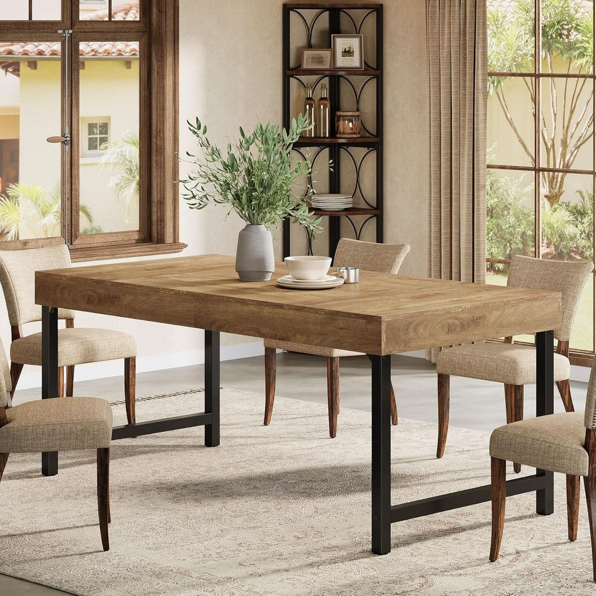 55 Inch Rustic Brown Farmhouse Dining Table With Metal Legs