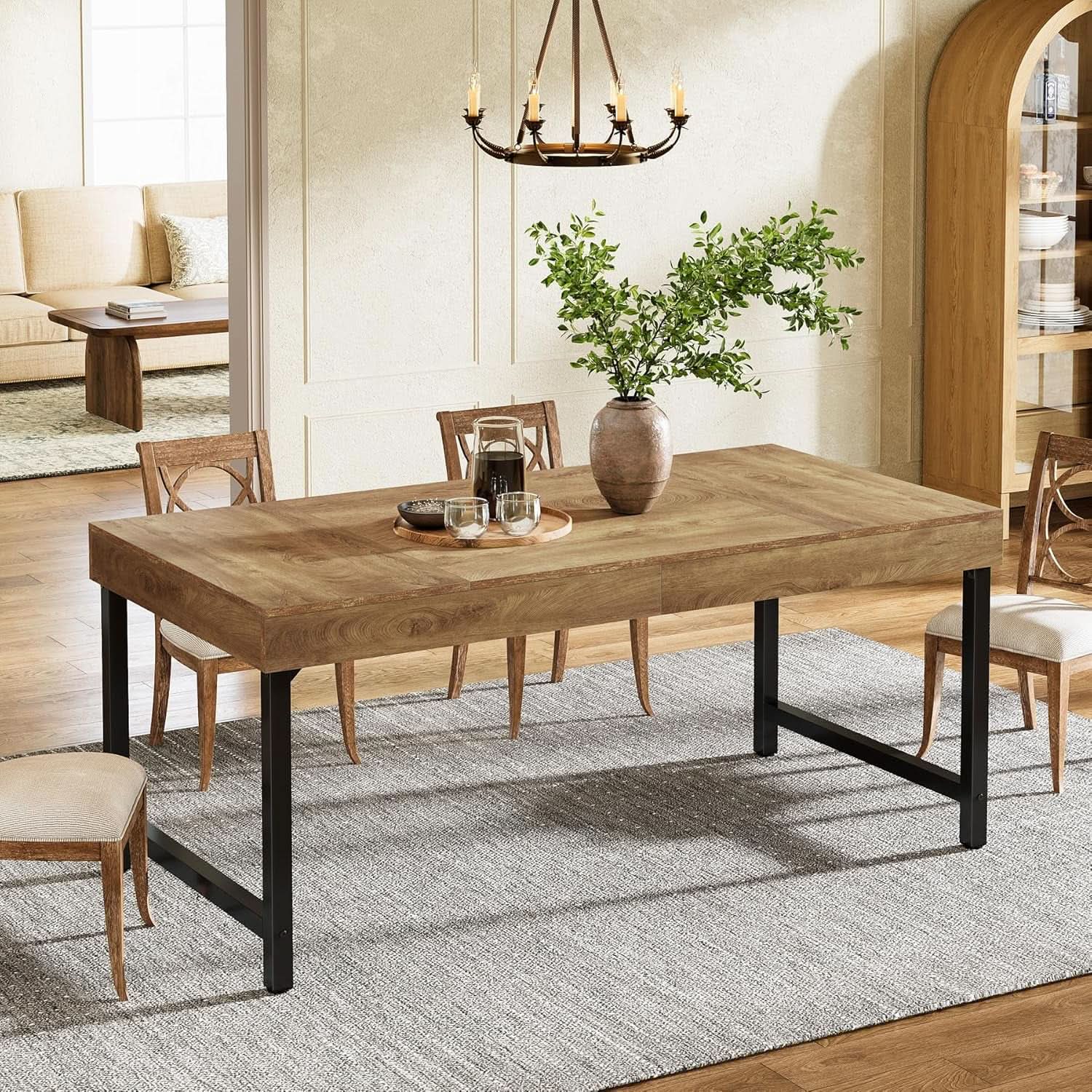55 Inch Rustic Brown Farmhouse Dining Table With Metal Legs
