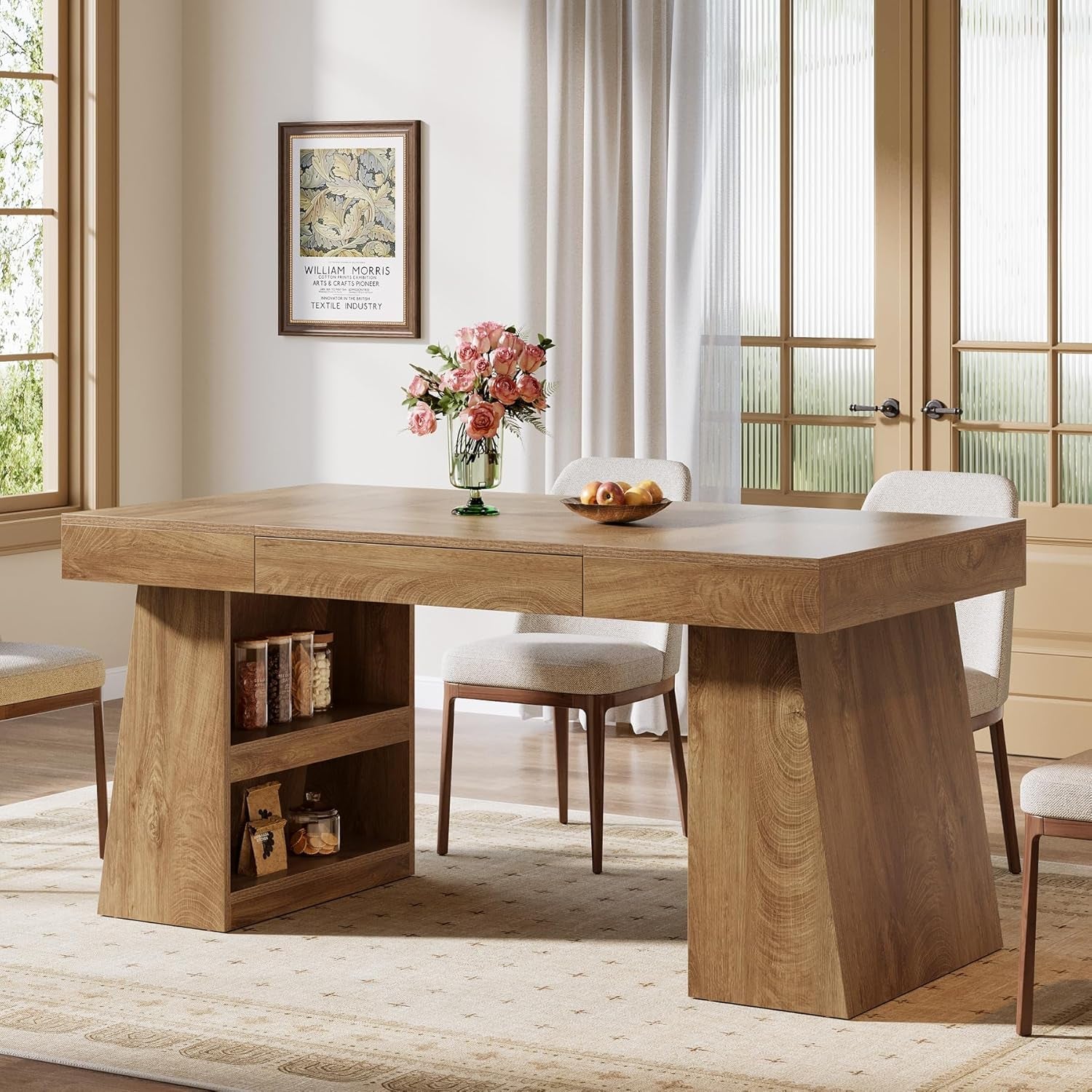 55 Inch Rustic Brown Farmhouse Solid Wood Dining Table With Storage