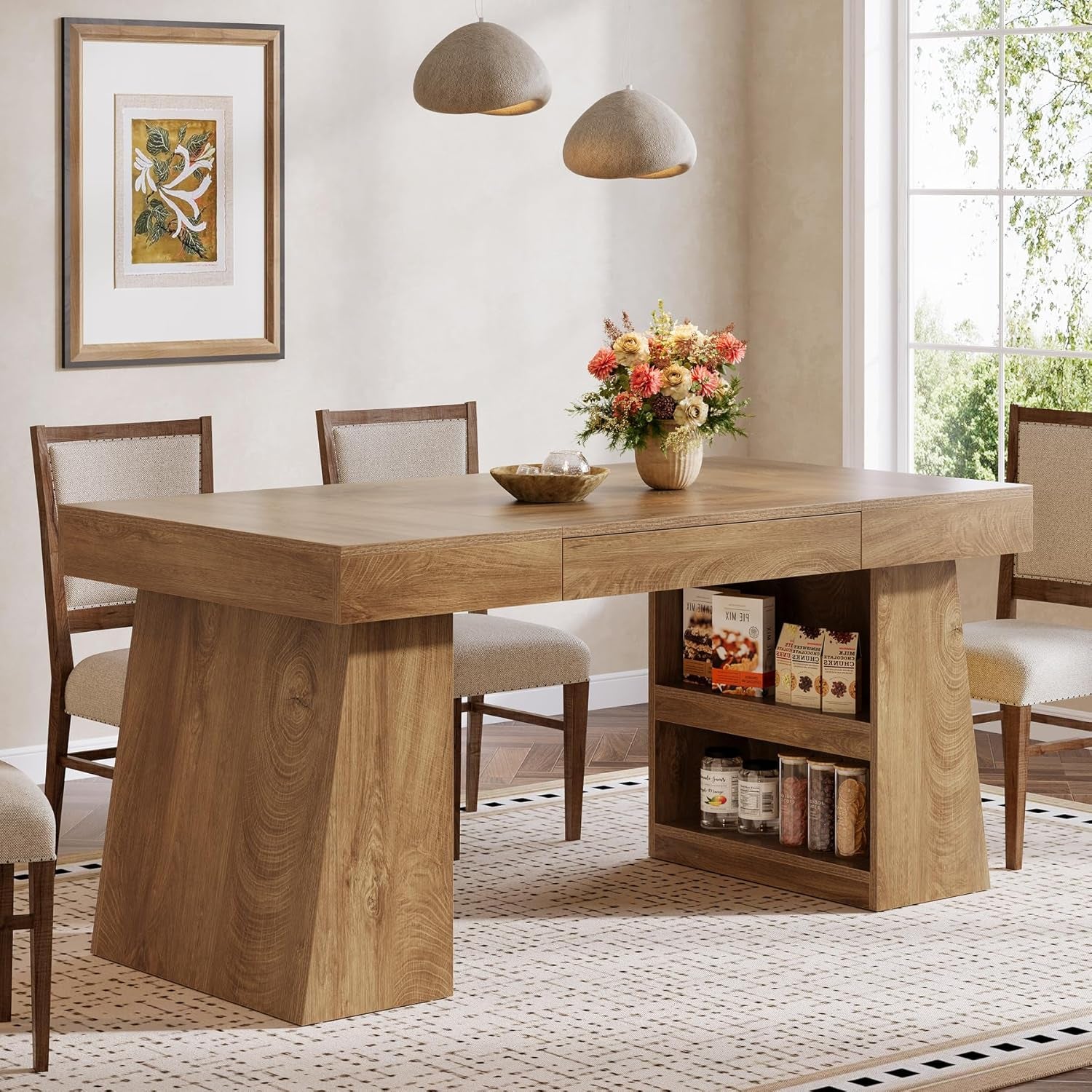 55 Inch Rustic Brown Farmhouse Solid Wood Dining Table With Storage