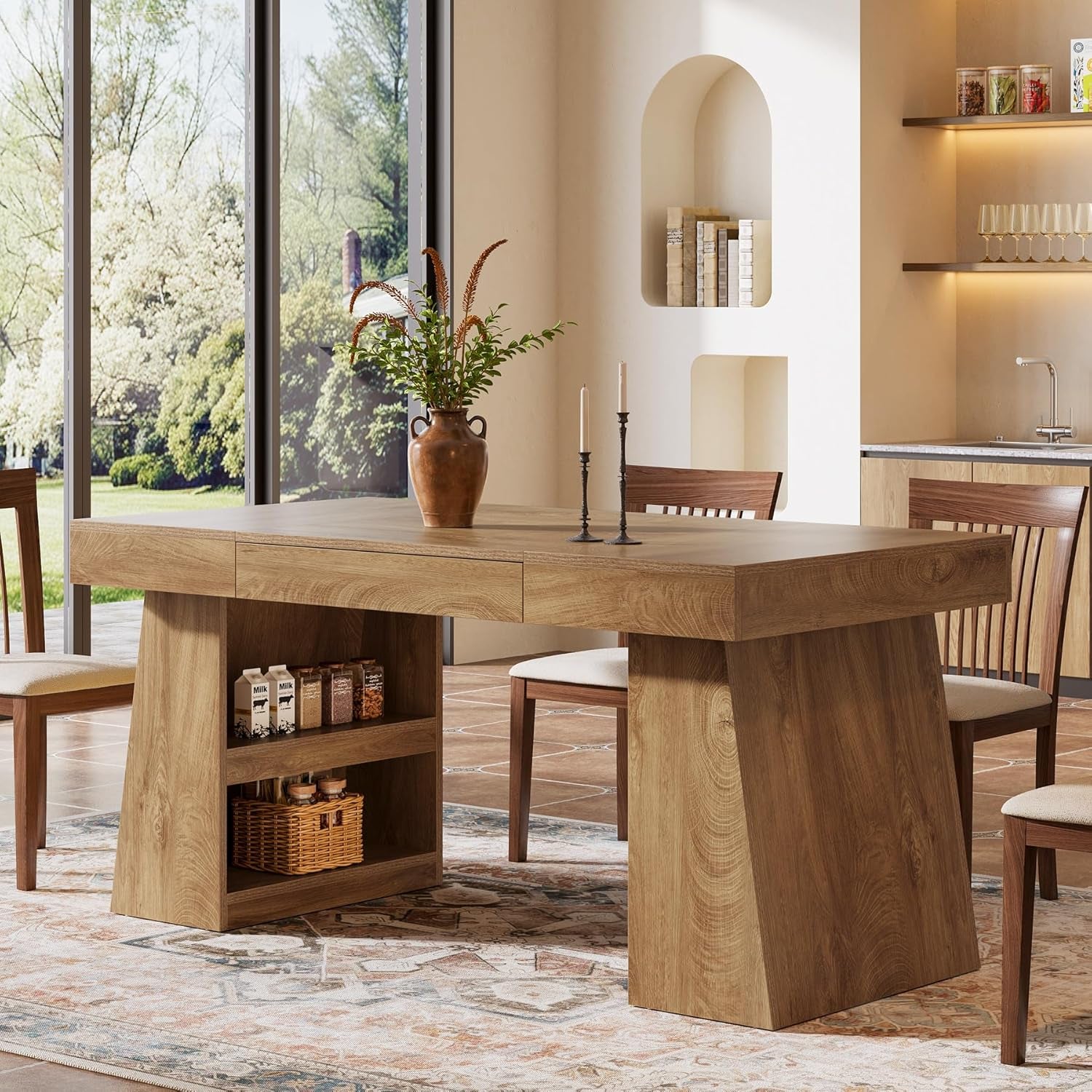 55 Inch Rustic Brown Farmhouse Solid Wood Dining Table With Storage