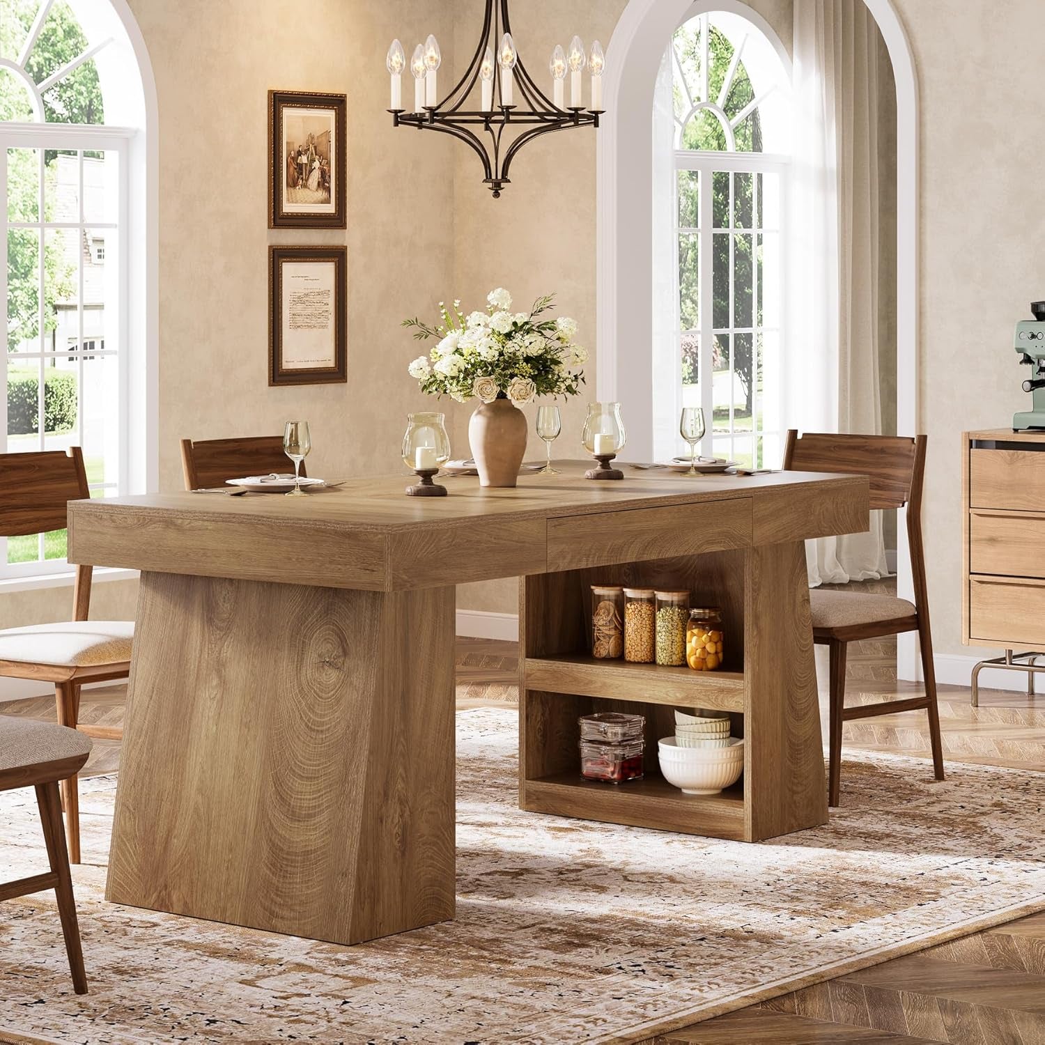 55 Inch Rustic Brown Farmhouse Solid Wood Dining Table With Storage