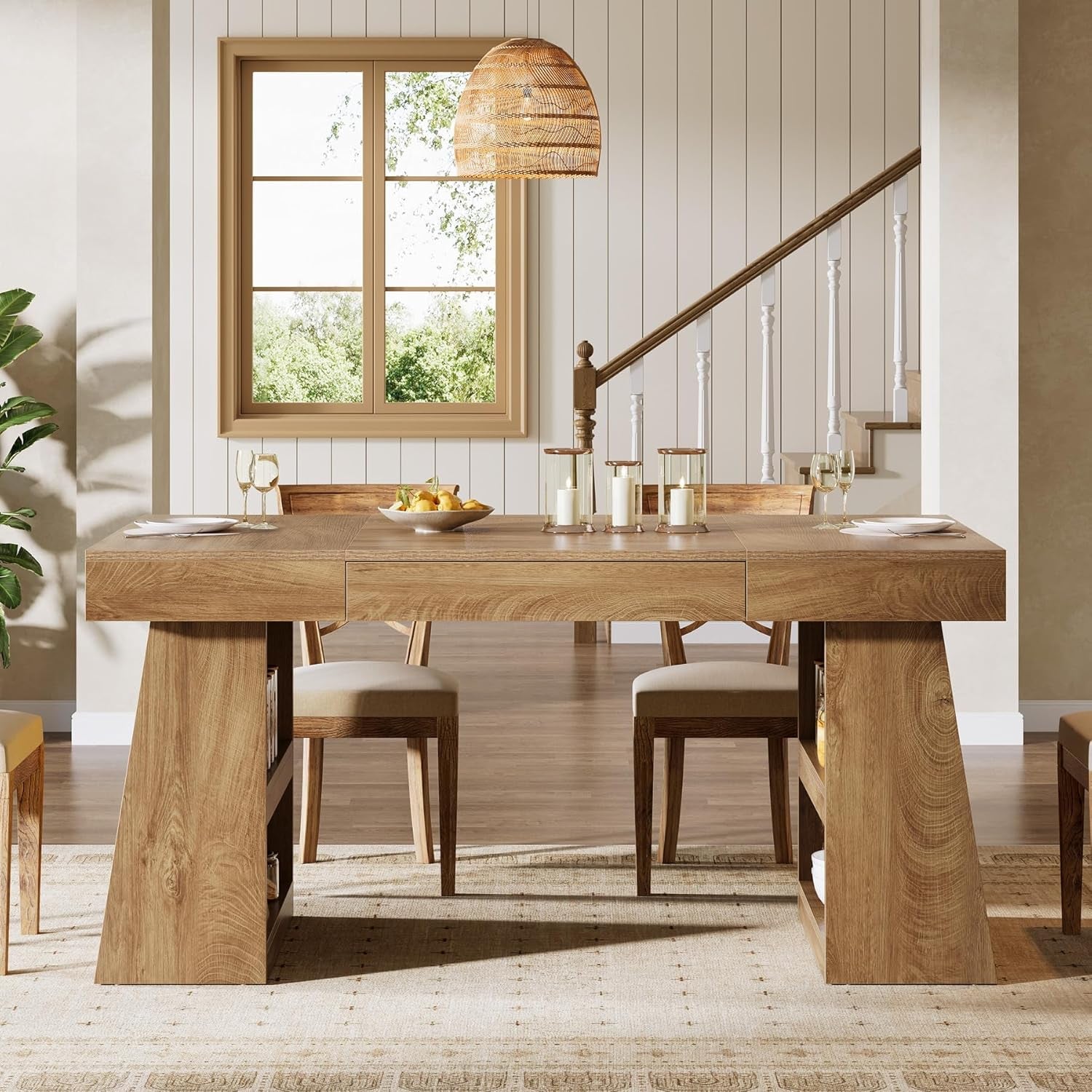 55 Inch Rustic Brown Farmhouse Solid Wood Dining Table With Storage