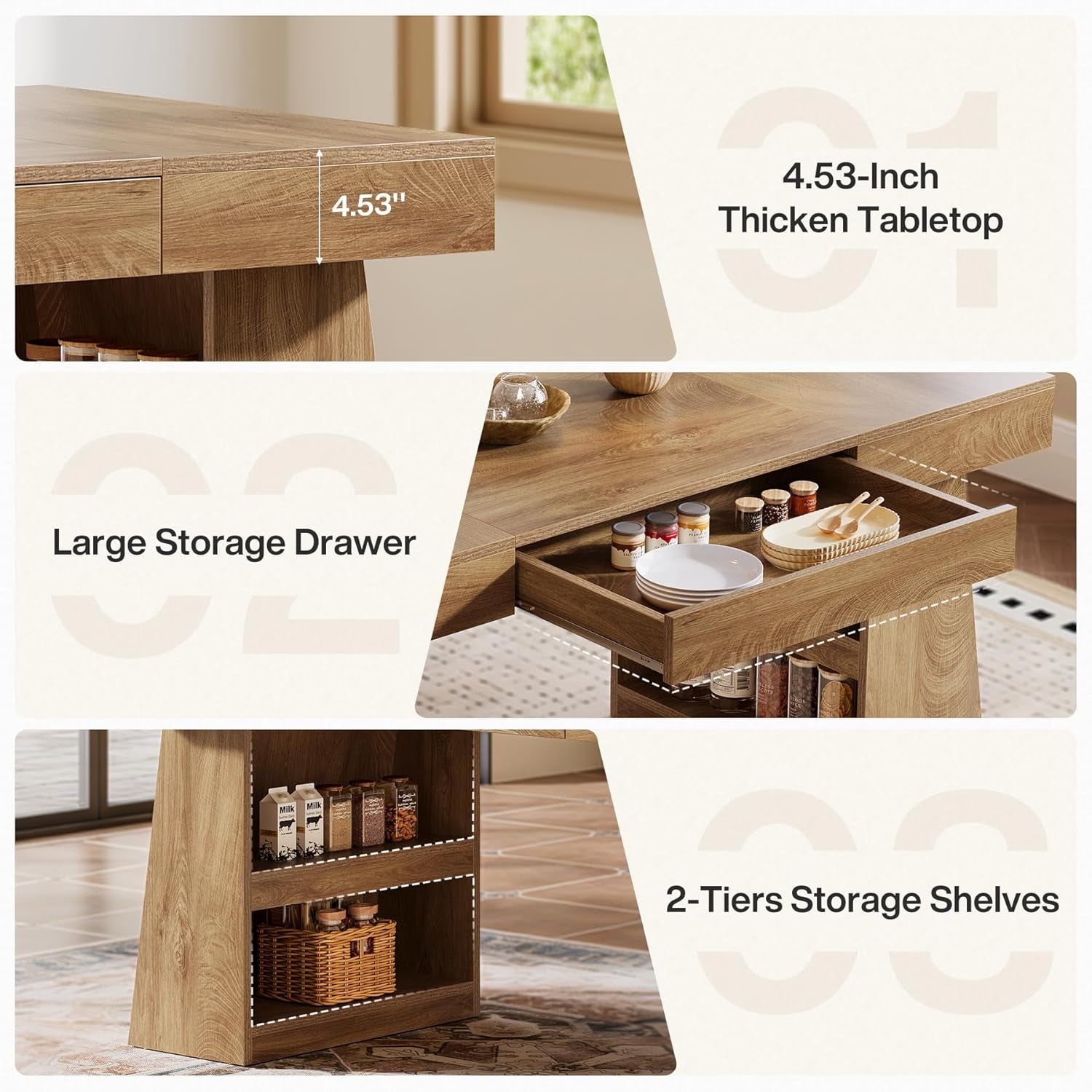 55 Inch Rustic Brown Farmhouse Solid Wood Dining Table With Storage